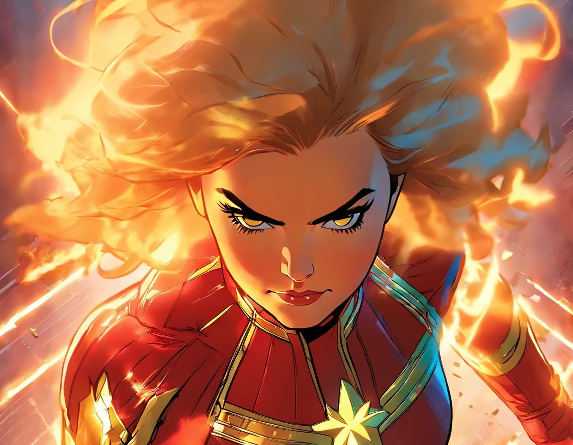 Captain Marvel in the Niji style, radiating cosmic power, bold and vibrant colors, dynamic and confident pose, determined expression, comic book-inspired detailing, and an iconic larger-than-life presence that captures her superhero essence in the Niji aesthetic.