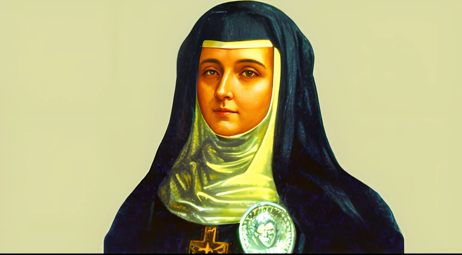 a closeup of a painting of a nineteenth-century nun, com uma cruz, Retrato de Hildegard von Bingen, majestosa mulher de santo, Retrato de Lumastina Celerraria, Santo ortodoxo, santa mulher, santo, agora, santas mulheres, Retrato gracioso santo, Directed by: Thomas Aquinas Daly, inspired by Thomas Aquinas Daly, Anna Kovalevskaya