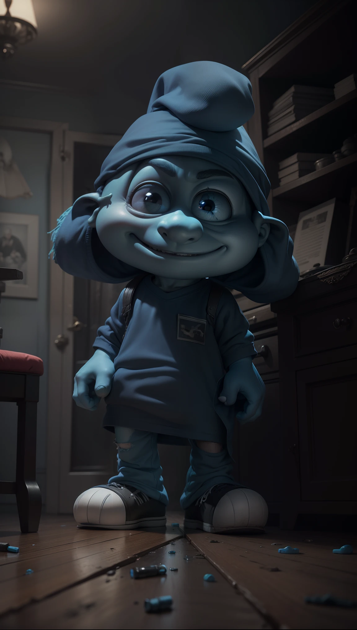Realistic high definition Smooth Smurf looking at the viewer with a serious face, full body appearing wearing dirty clothes, no teeth showing, sclera and pills totally black, in a realistic house, cinematic 3D style, sharp facial features, 4k, 8k .