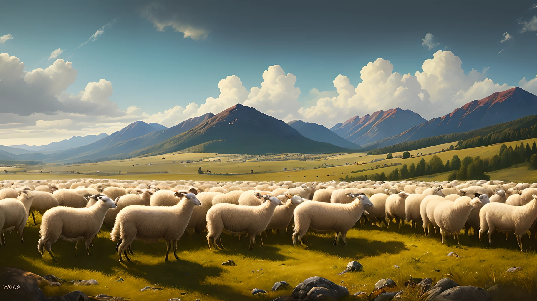 Shepherd with a flock of sheep, green land, outstanding landscape, peaceful place, realistic, artgem, wlop