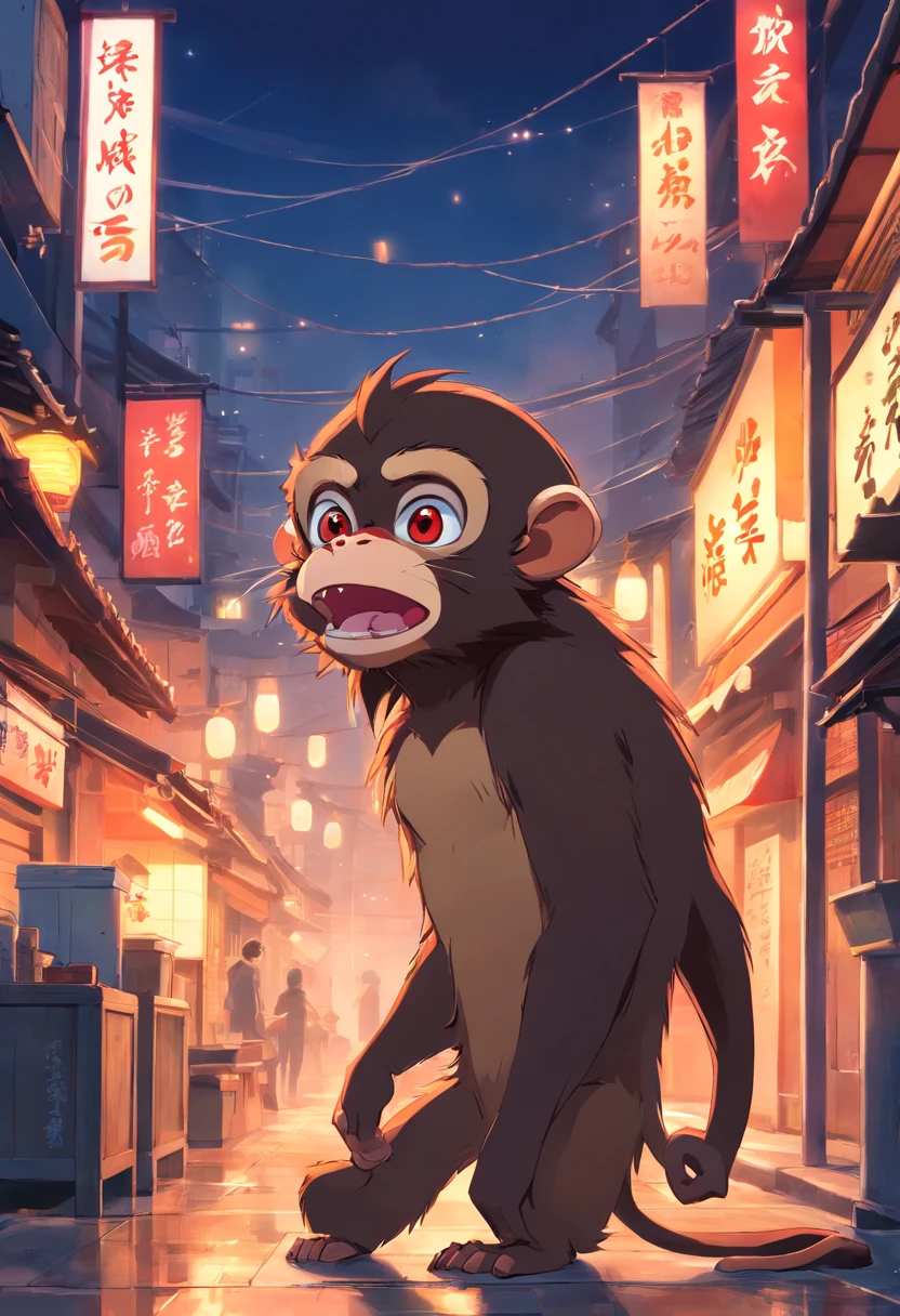 A wild monkey mandrill，Open your mouth with a basin of blood，fog atmosphere，(Chinese folk suspense supernatural comic book style),High detail, Sharp focus, Dramatic，Midway and the art of painting by Greg Rutkovsky, Bokeh on the background