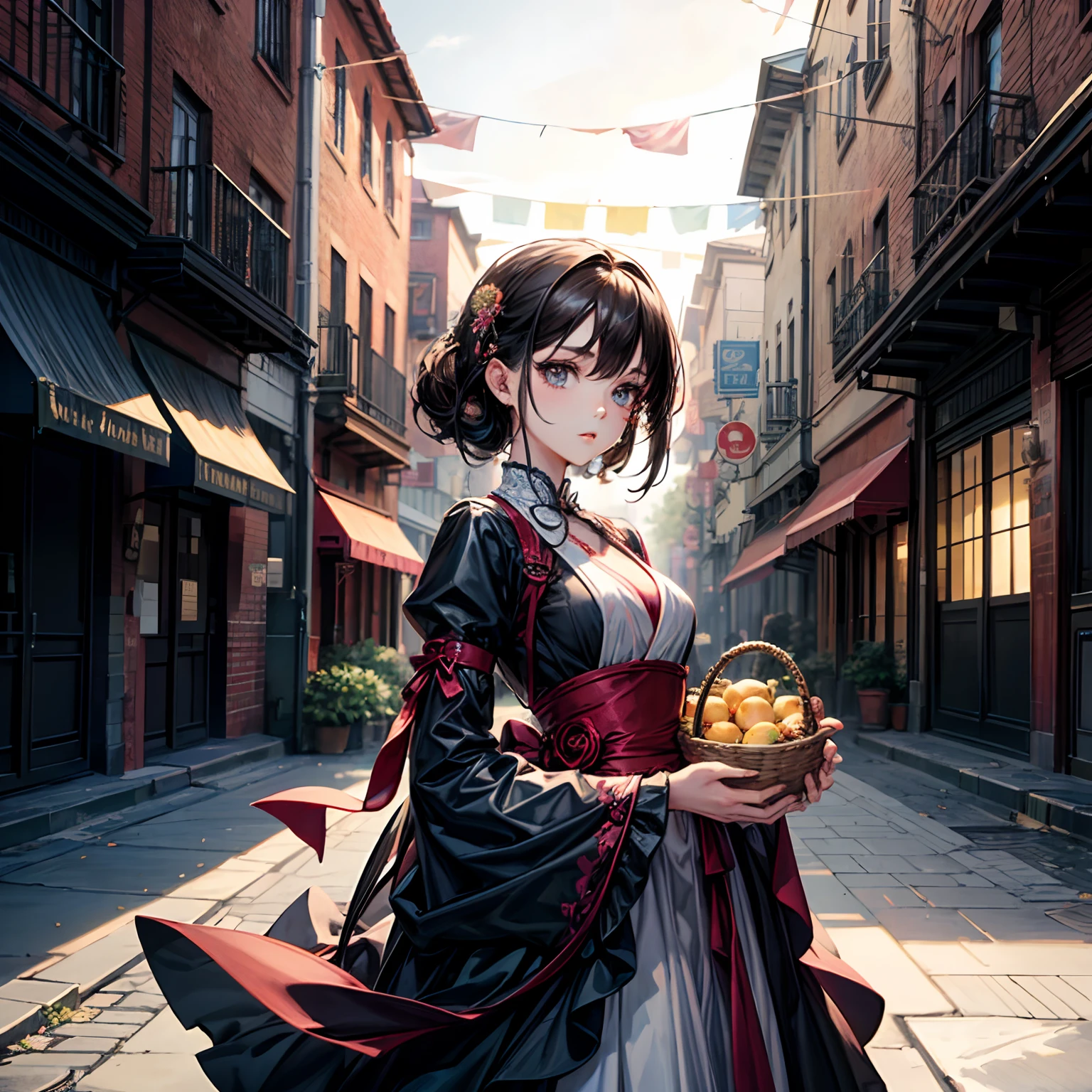 Woman in traditional dress holding fruit basket, Boho chic | | very anime!!!, artwork in the style of guweiz, Detailed Digital Anime Art, Official art, detailed anime art, clean detailed anime art, beautiful anime artwork, beautiful anime art, Detailed anime artwork, guweiz, Traditional beauty, beautiful anime art style, Oriental Art Style