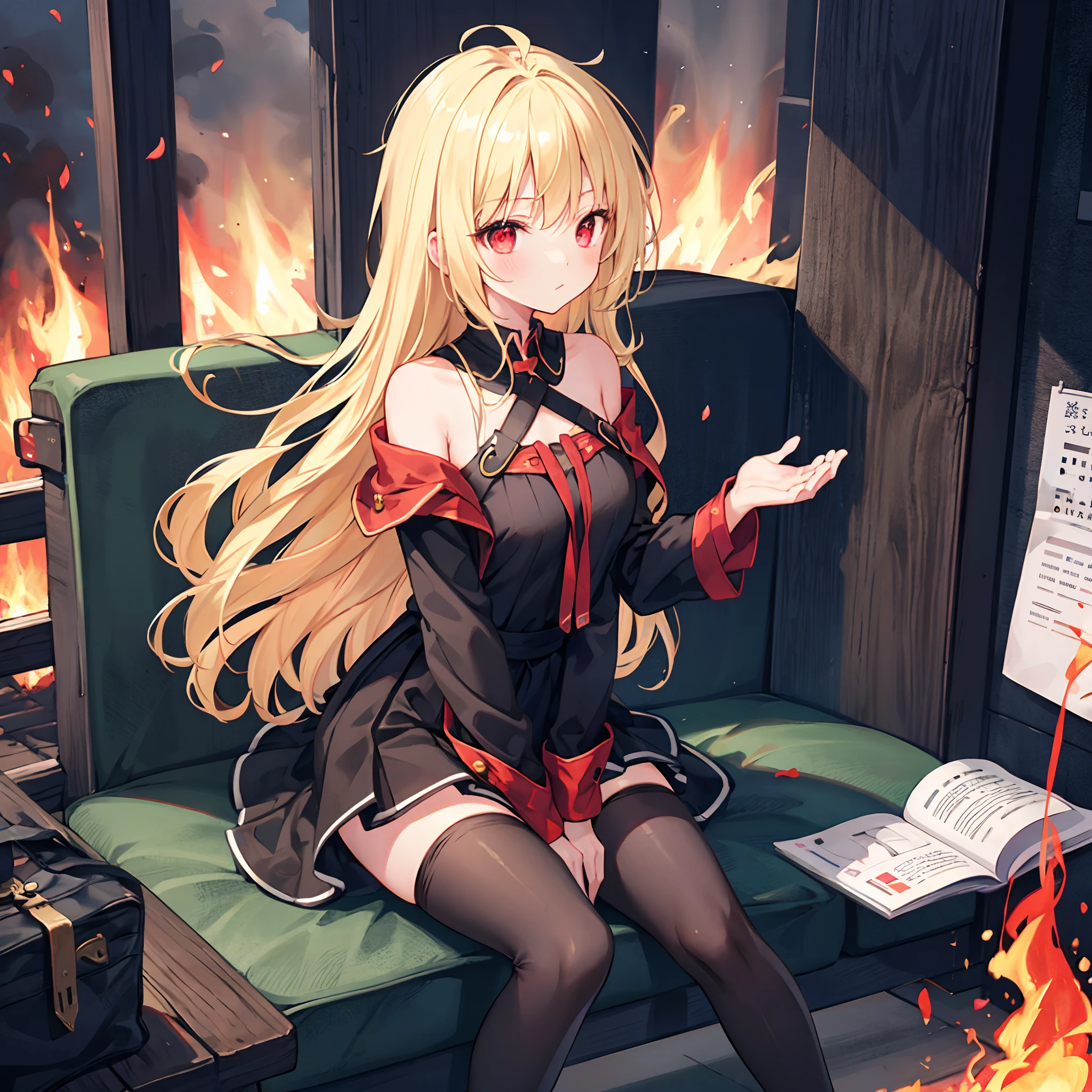 Wavy blonde、red eyes、Beautiful girl alone、Black fluffy dress、off shoulders、a miniskirt、Black tights、sitting on、surrounded by flames、sorcerer