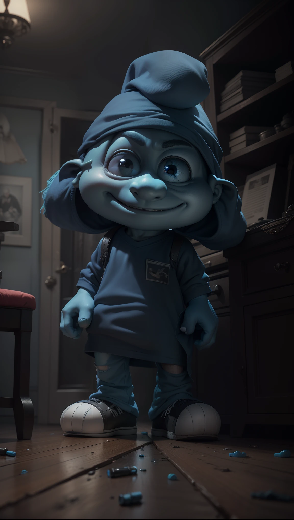 Realistic high definition Smooth Smurf looking at the viewer with a serious face, full body appearing wearing dirty clothes, no teeth showing, sclera and pills totally black, in a realistic house, cinematic 3D style, sharp facial features, 4k, 8k .