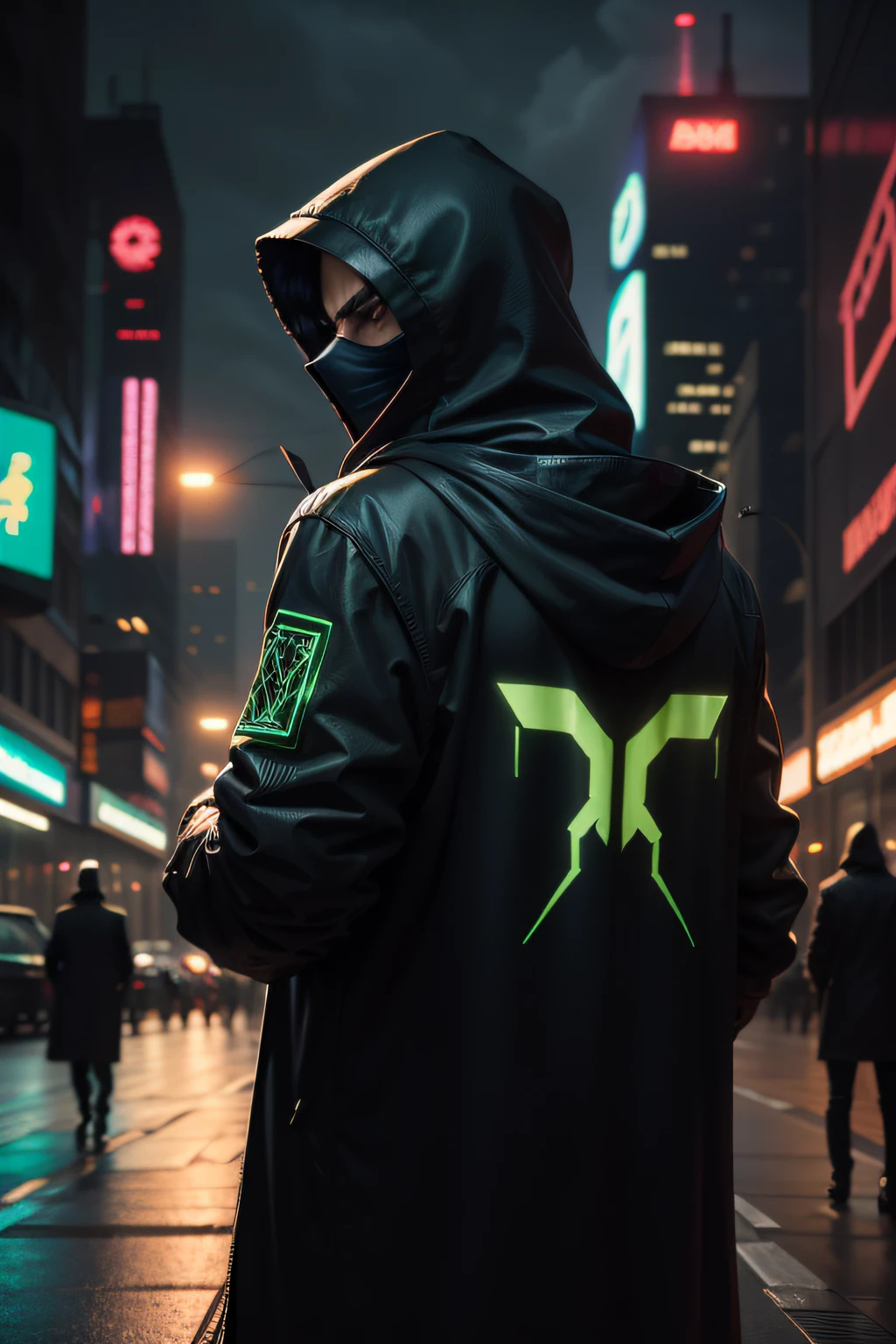 HACKER, bad man, black hood, darkness, black overcoat, from behind, cyberpunk, green and black, ultrarealistic