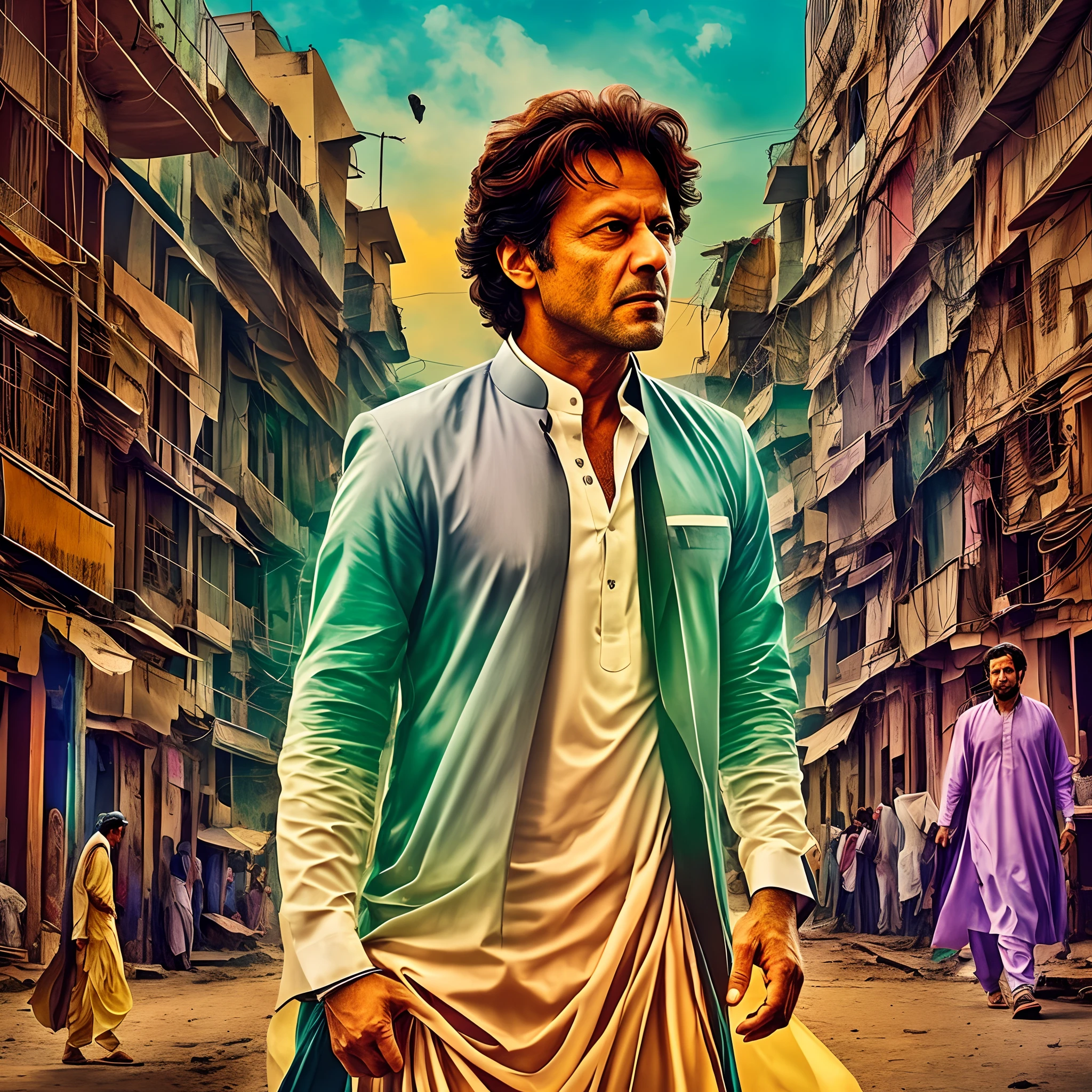 "Create an evocative art piece showcasing Imran Khan as a hero, standing resolutely in the vibrant streets of Pakistan, adorned in a striking shalwar kameez, set against a dramatic and slightly mysterious dark background. Capture the essence of his leadership and the cultural richness of Pakistan in this visually stunning composition." High quality. High resolution. Clear face. Digital art. Illustration. --auto --s2