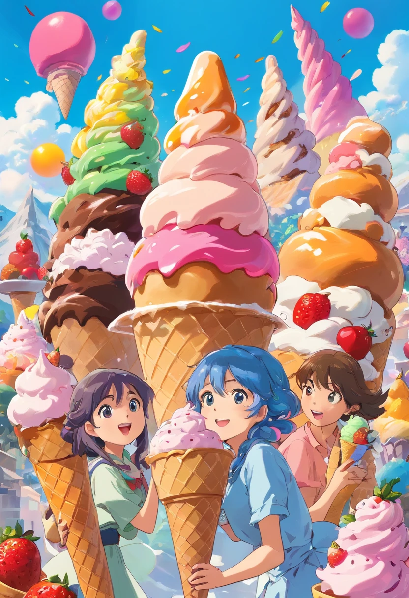 An enchanting ice cream wonderland with towering cones of every flavor imaginable, scoops piled high with colorful toppings and sauces, all under a radiant sun, creating a joyful and whimsical atmosphere, Illustration, digital art with a vibrant color palette