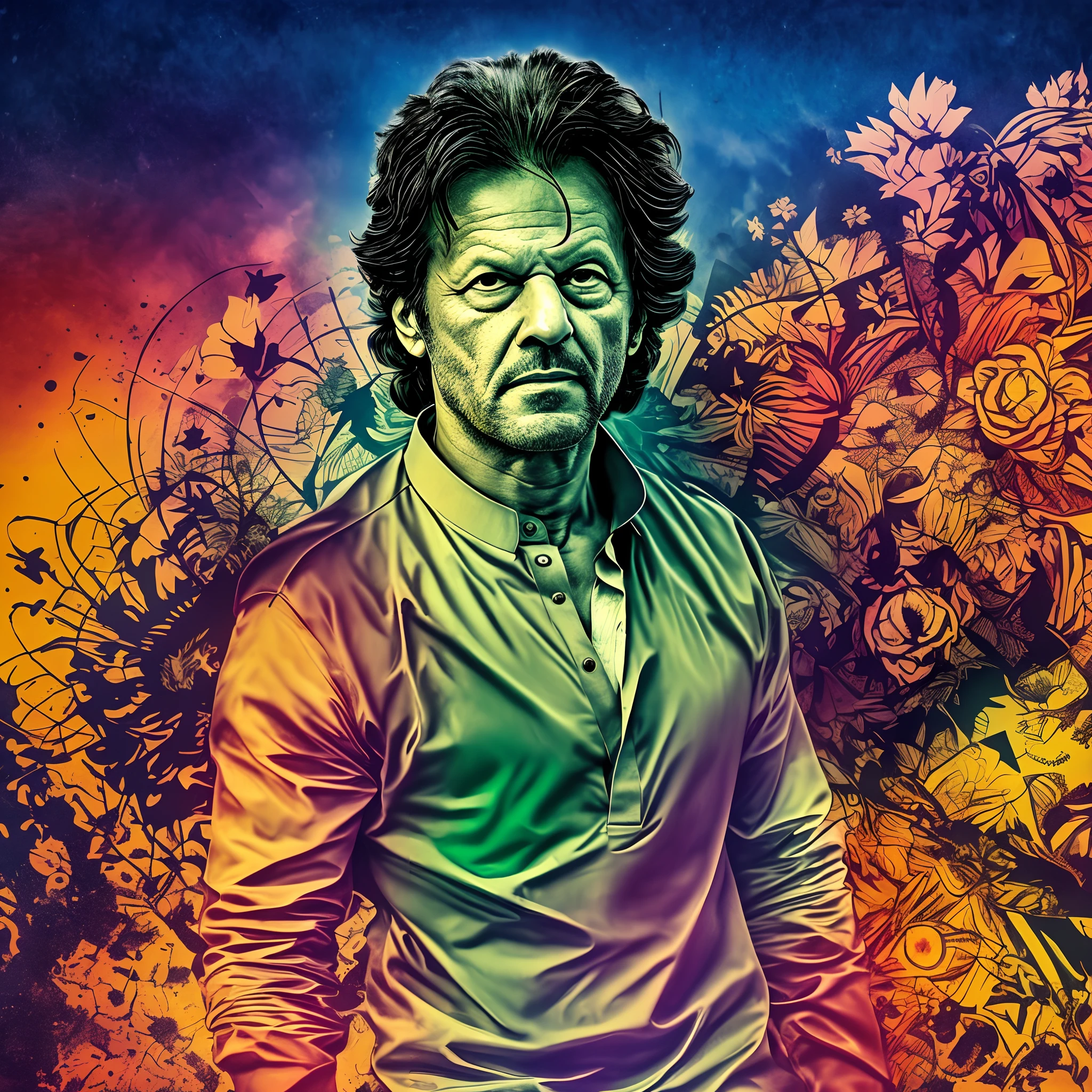 "Create an evocative art piece showcasing Imran Khan as a hero, standing resolutely in the vibrant streets of Pakistan, adorned in a striking shalwar kameez, set against a dramatic and slightly mysterious dark background. Capture the essence of his leadership and the cultural richness of Pakistan in this visually stunning composition." High quality. High resolution. Clear face. Digital art. Illustration. --auto --s2