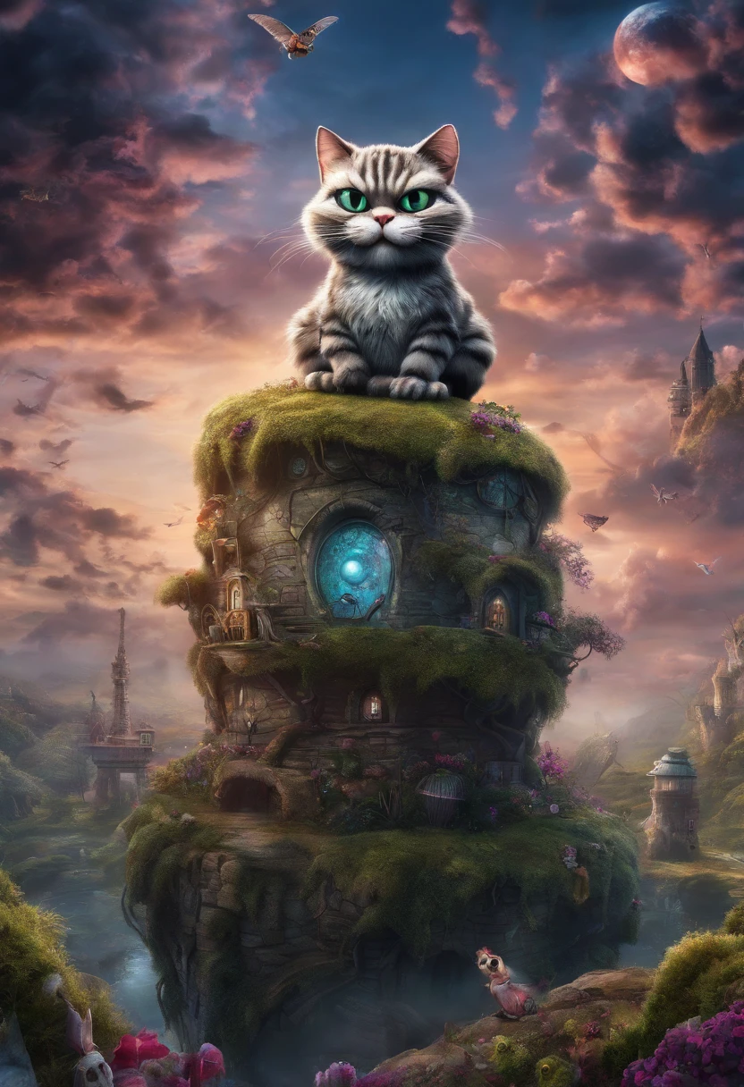 A 4K dreamscape of a fantastical landscape, featuring the Cheshire Cat from Alice in Wonderland, rendered with a magical, detailed style. Tim burton style