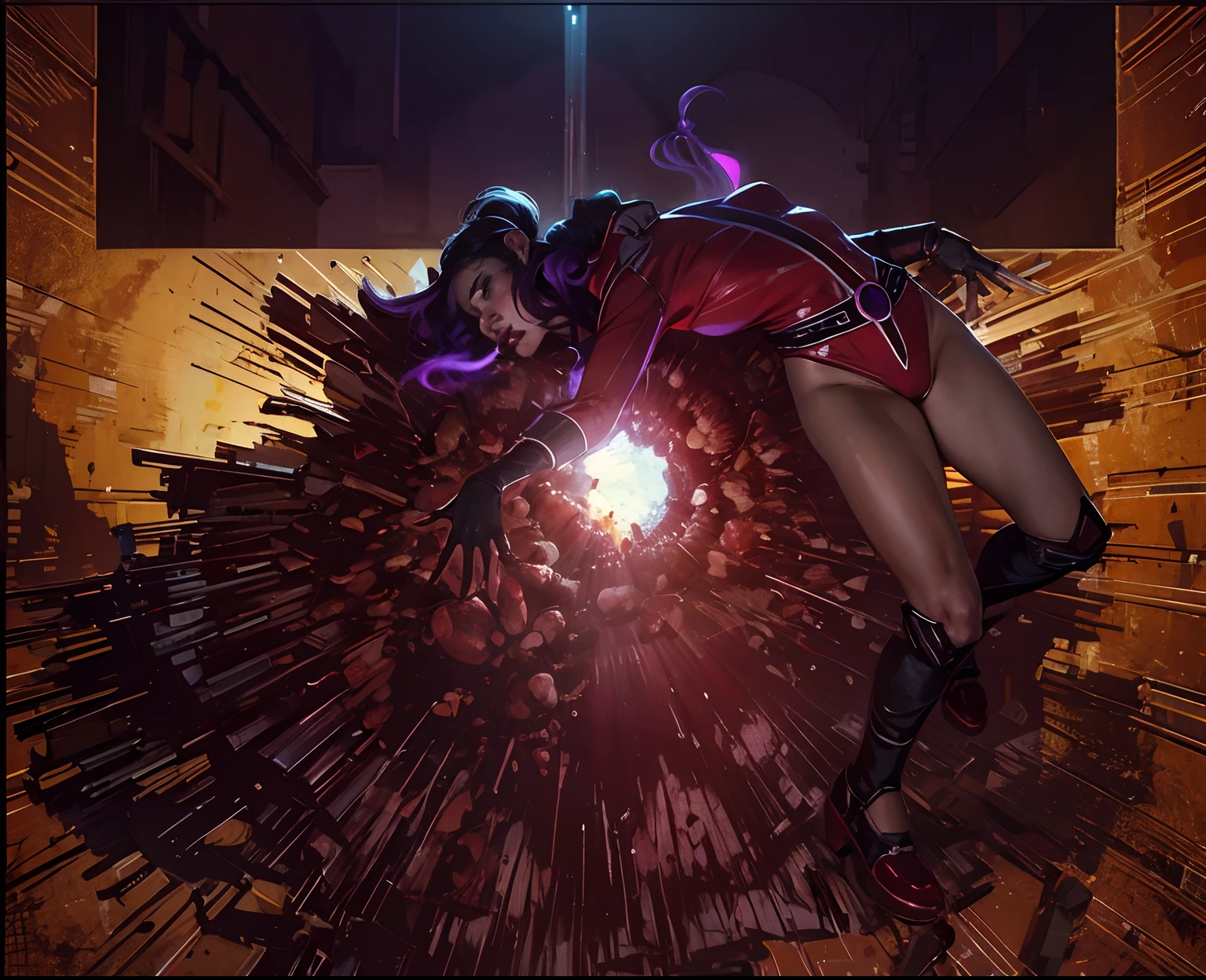 1 mujer mexicana vestida con un uniforme de spandex ajustado rojo y blanco、rubor rojo、un cuerpo mojado、vampiresa viciosa, body stained with purple ink, tinta que gotea, (brillante), salpicadura de tinta, colmillos, Noche、Chica animadora、pelo de doble cola de color rojo caoba+++ 、Manos levantadas、Gran escote、(una mini falda blanca de poca altura), ojos sin pupilas, high fantasy、grabado、obscenidad、Tetas colosales、senos muy grandes、transparent white lingerie, rosy nipple peeks through clothing, grandes pezones duros, highly detallado、8k、high resolusion、solo、Labios grandes y jugosos、muslos gruesos y jugosos、maquillaje - maquillaje、sombra de ojos de color rojo, pechos grandes y brillantes、Guantes、Medias transparentes ultrafinas、Fotorrealista、cinema4d、Octane representation、Innovador、Un sexy、Curvaceous but slender、Sobreexpuestas、Perfectcomposition、 NSFW, Calidad profesional, Motor irreal, Gothic horror, E, plano general, profundidad espacial, big explosion with fire and smoke in the background, incredible full color