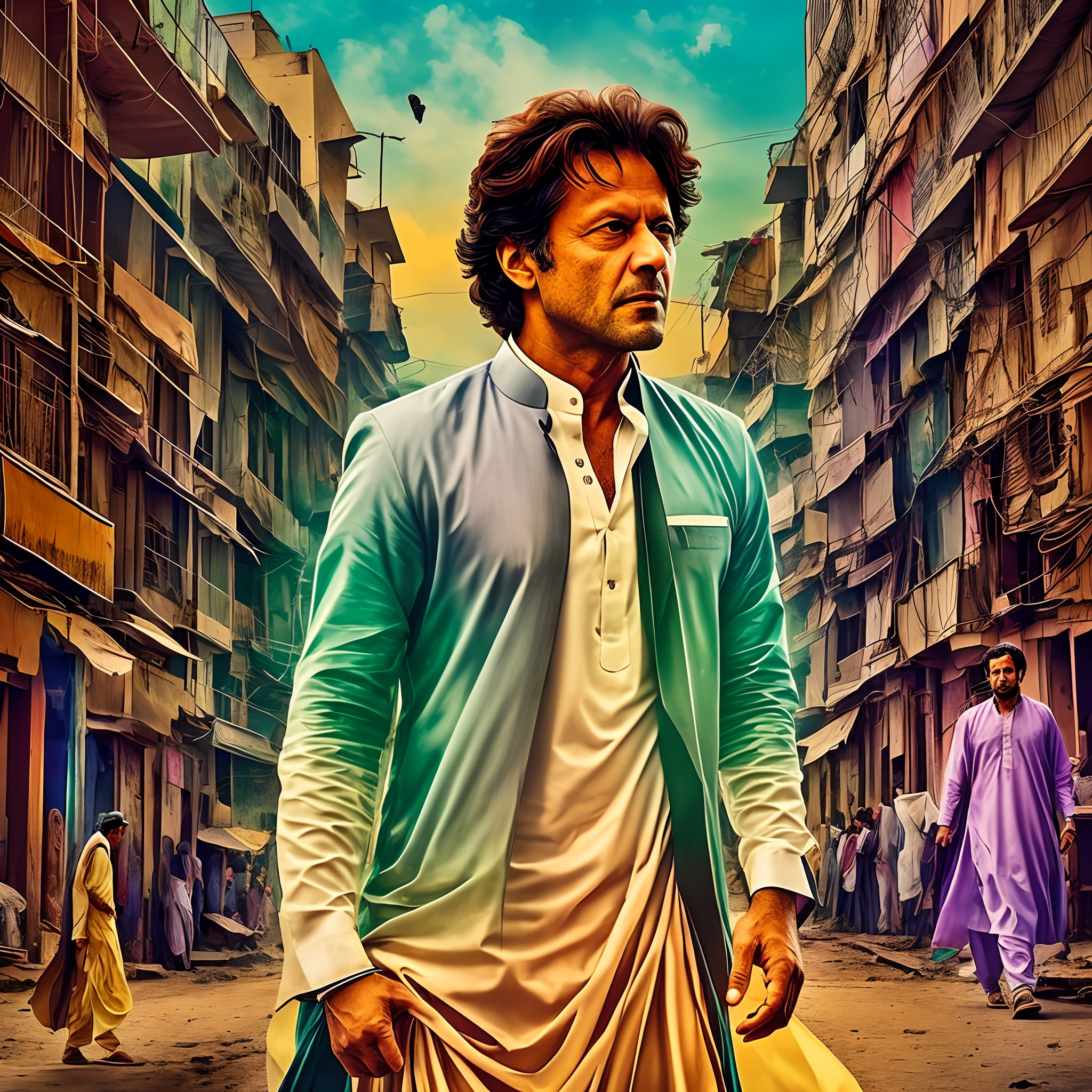"Create an evocative art piece showcasing Imran Khan as a hero, standing resolutely in the vibrant streets of Pakistan, adorned in a striking shalwar kameez, set against a dramatic and slightly mysterious dark background. Capture the essence of his leadership and the cultural richness of Pakistan in this visually stunning composition." High quality. High resolution. Clear face. Digital art. Illustration. --auto --s2
