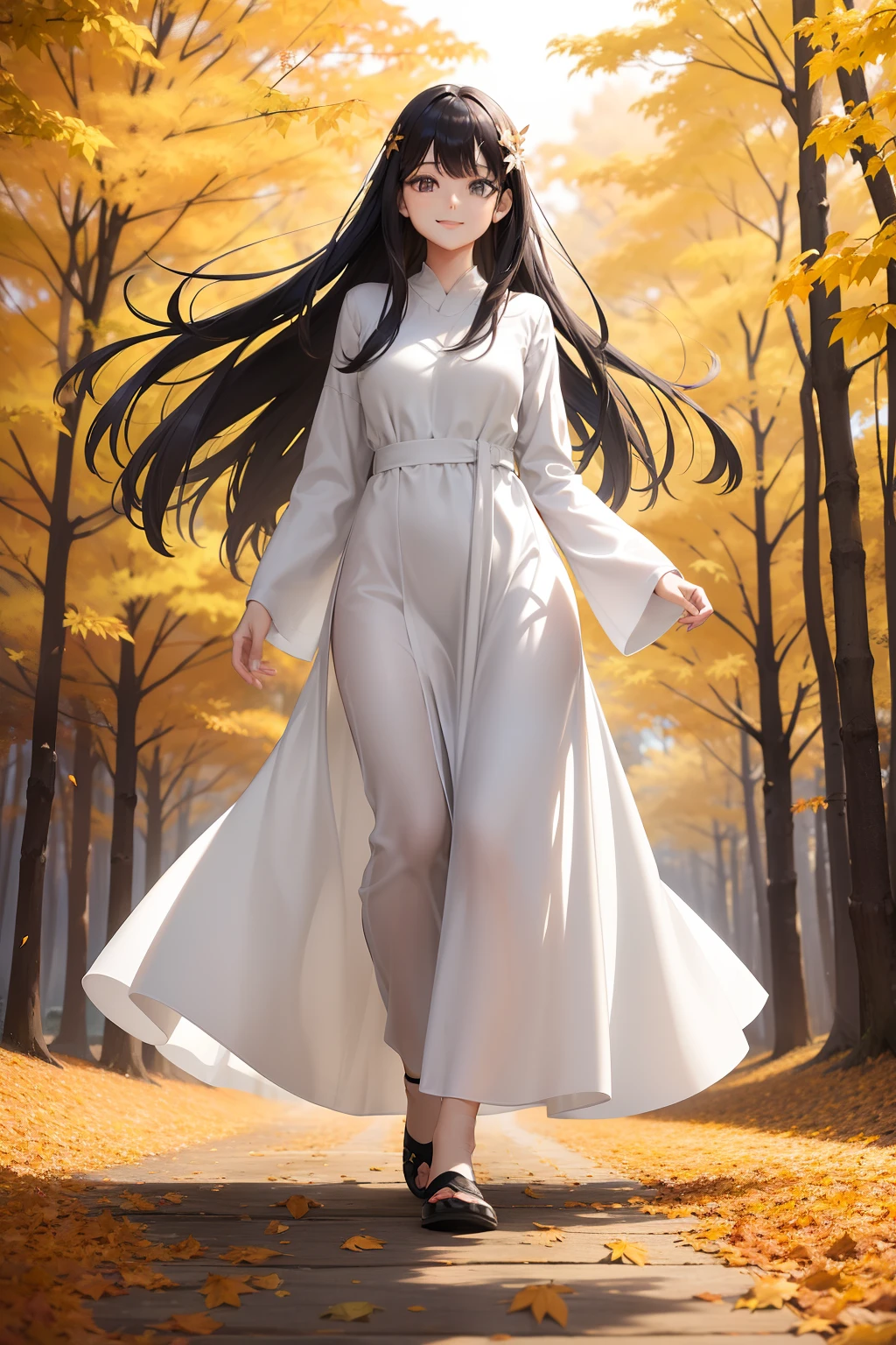 Exquisite beautiful girl in the forest of autumn leaves　A dark-haired　long　Black eyes　Pure white long dress　Dress flowing in the wind　　　a smile　Walking along the path of autumn leaves　Maple fluttering in the wind　Sunlight　Face Highlights