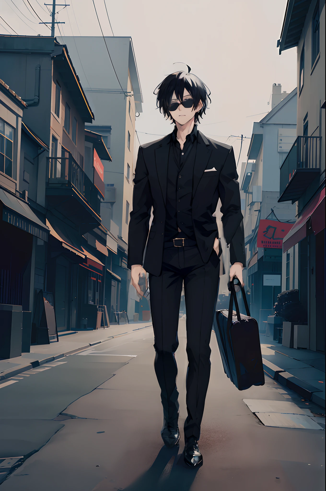 Masterpiece, Essential, 1man, Uniform, Hand Pocket, School Bag, Brunette Hair, Black Eye, Cyberpunk, Street, Monochrome, Line Drawing