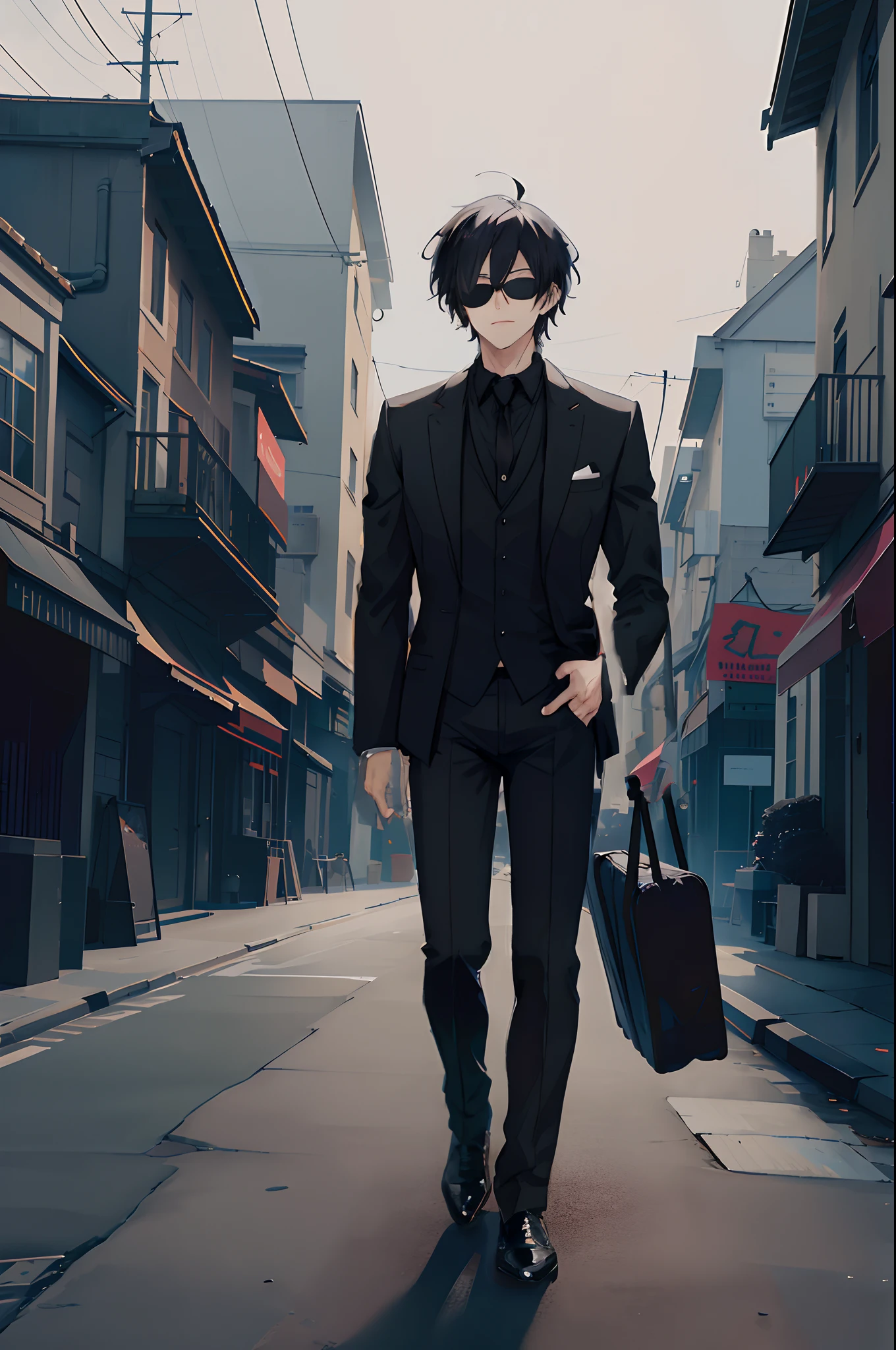 Anime male, messy short black hair, wearing black tinted round sunglasses, handsome, in a black suit with no tie, black undershirt, formal wear, high resolution, 8k
