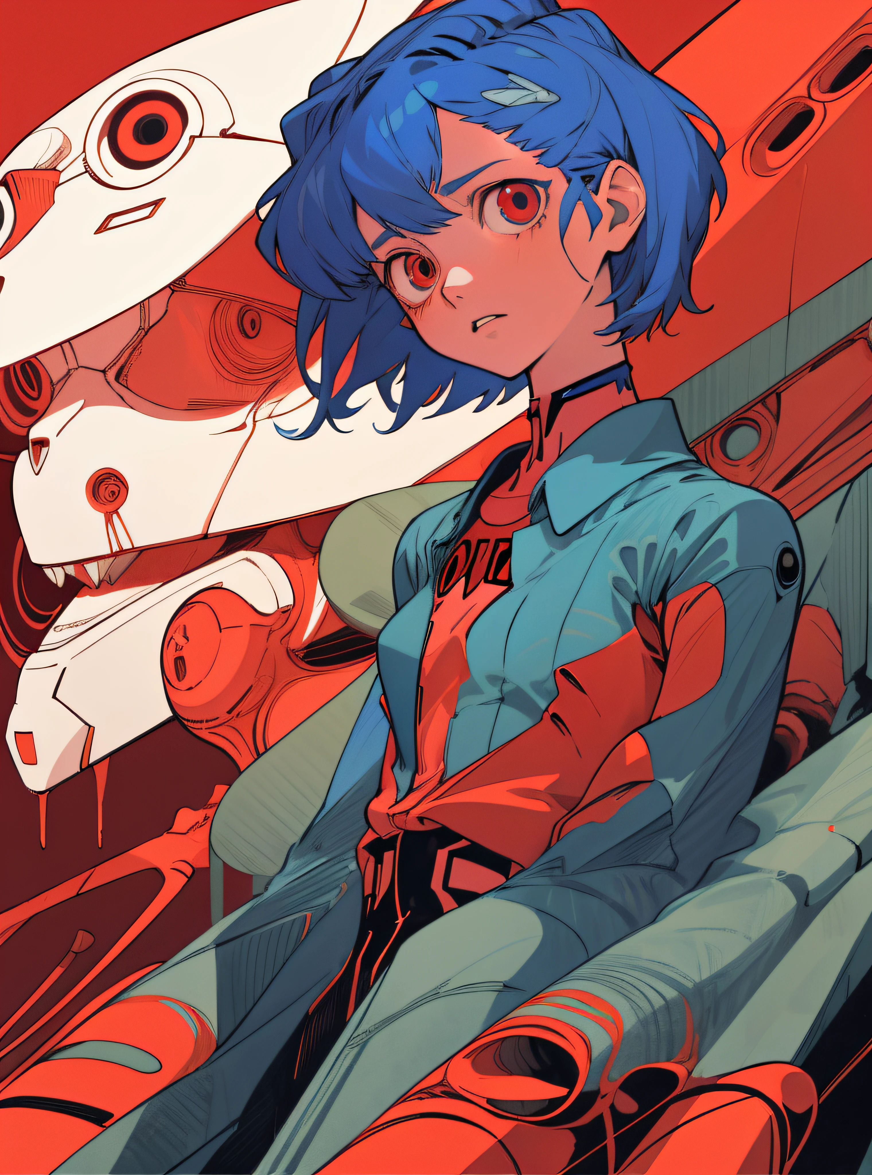 (best quality, masterpiece), a mecha  on the backgound, 1girl stand on the front, bright mood, girl \(evangelion\), evangelion \(Hideaki\), caustics, textile shading, high resolution illustration, red eyes, feminine, no pupils, blue hair, short hair, ligne claire, flat color, limited palette, low contrast