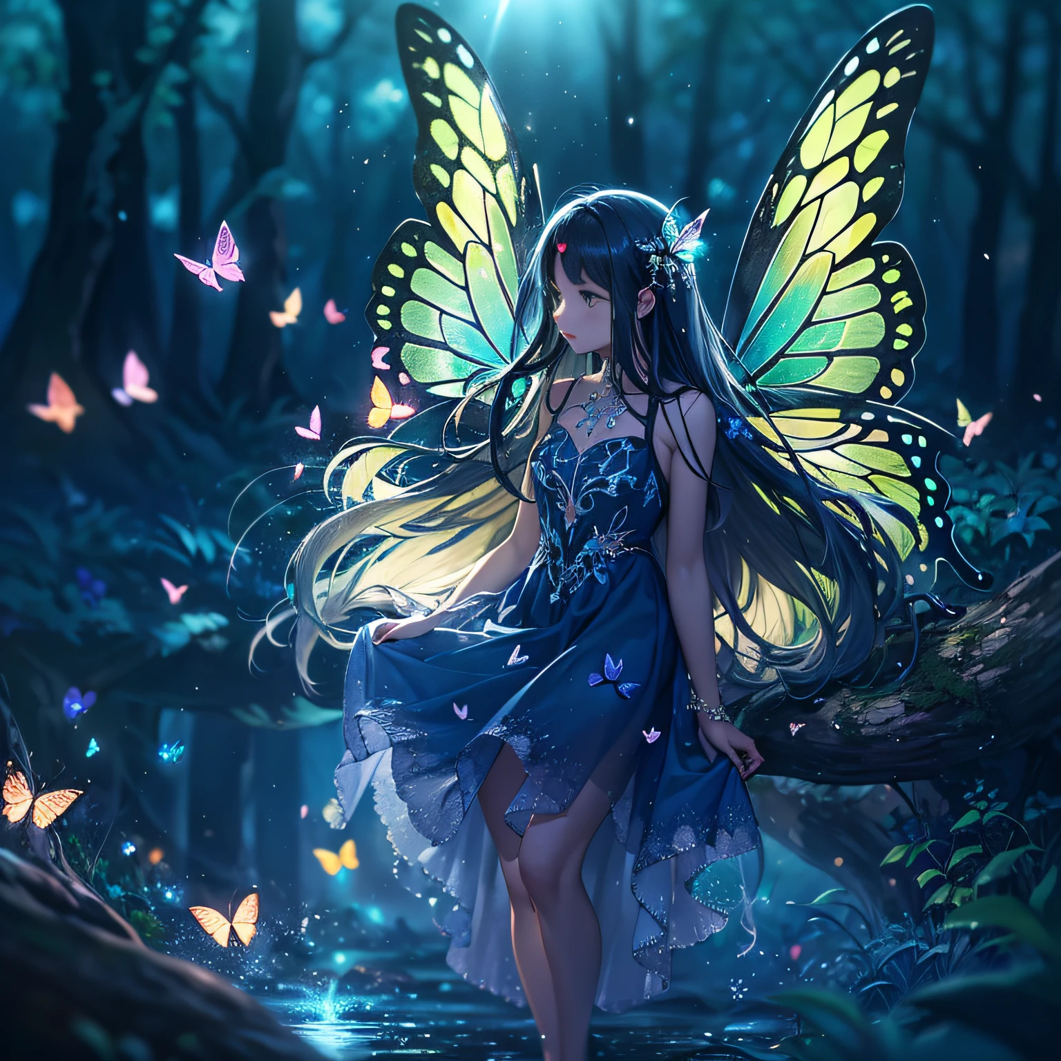 1girll, Nature, forest, Wings, Butterfly, bugs, tree, Solo, Long hair, dress, Light particles, Fairy, Outdoors, scenery, Glowing, water, fantasy, Butterfly wings, Blurry, Barefoot, Fairy wings, Blue dress, Depth of field, glowworm
