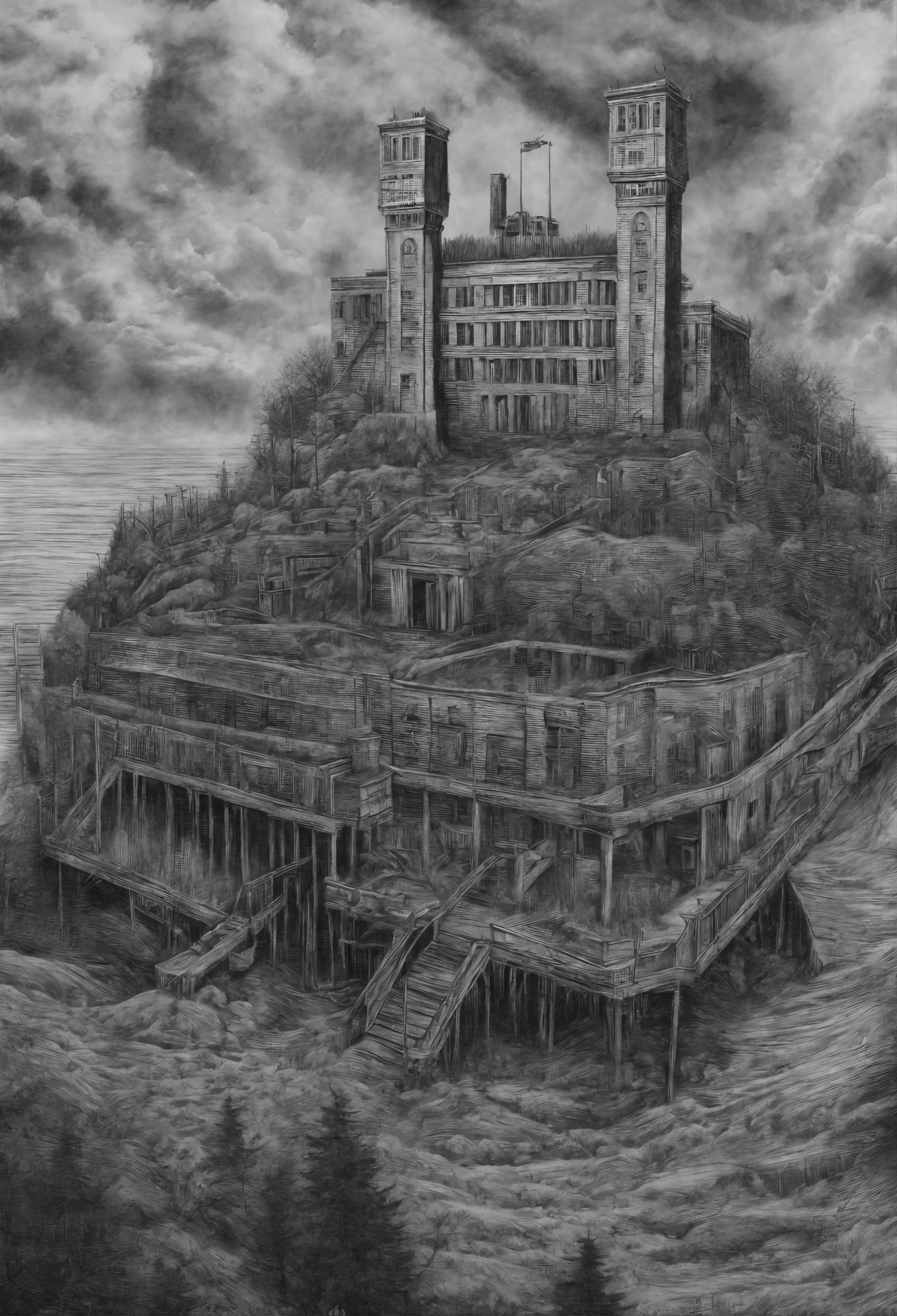 ((top-quality))、(drawing on pencil))、Detailed Touch、Depiction from the air、Alcatraz Island、Impossible jailbreak、The scariest prison