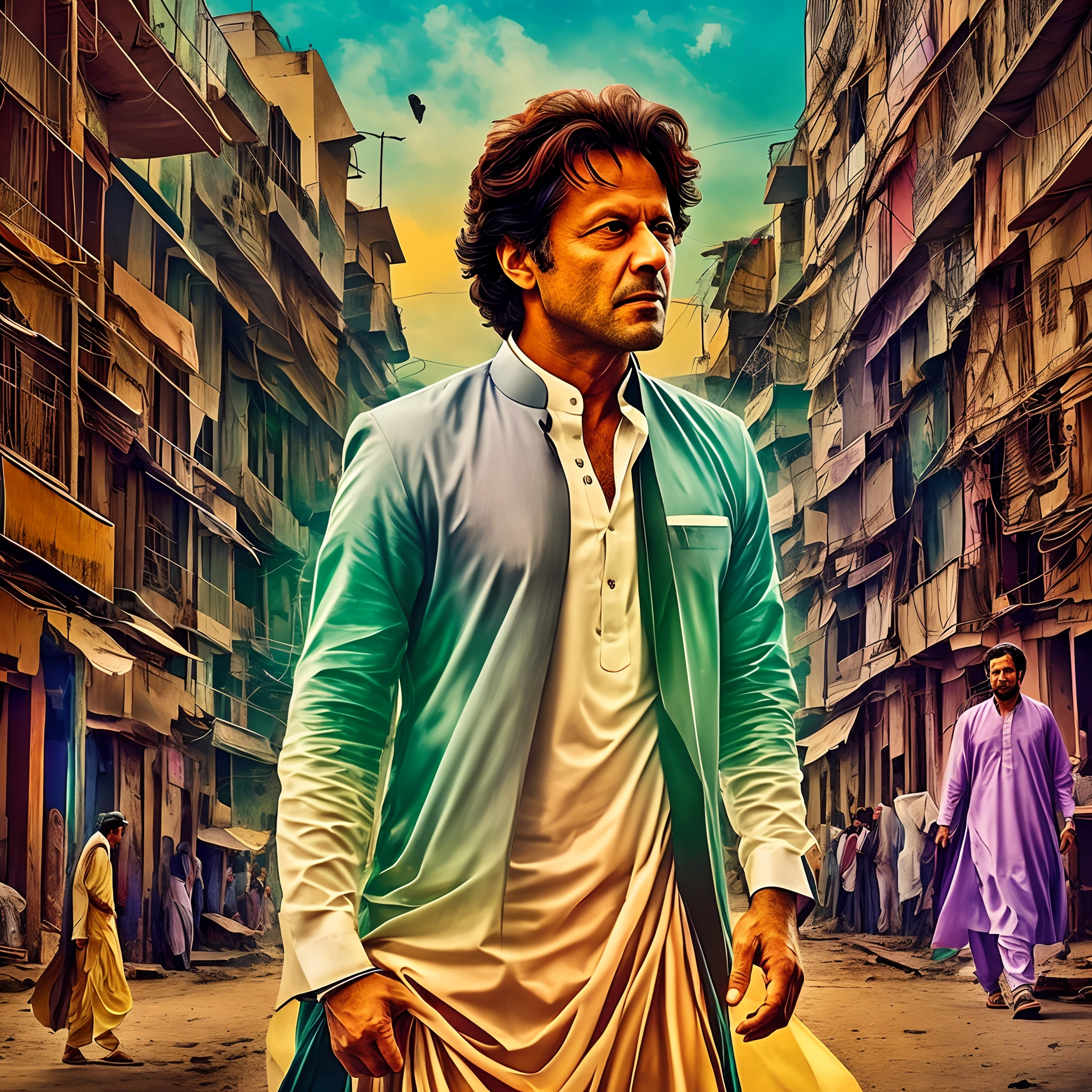 "Create an evocative art piece showcasing Imran Khan as a hero, standing resolutely in the vibrant streets of Pakistan, adorned in a striking shalwar kameez, set against a dramatic and slightly mysterious dark background. Capture the essence of his leadership and the cultural richness of Pakistan in this visually stunning composition." High quality. High resolution. Clear face. Digital art. Illustration. --auto --s2