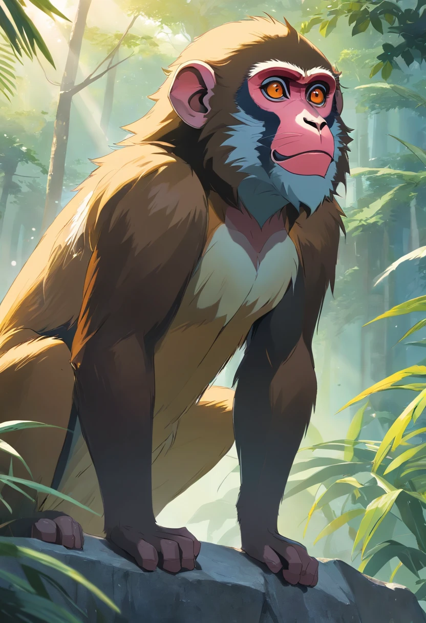 A wild monkey mandrill,Fierce face。fog atmosphere,white backgrounid,(Chinese folk suspense supernatural comic book style),High detail, Sharp focus, Dramatic,Midway and the art of painting by Greg Rutkovsky, Bokeh on the background