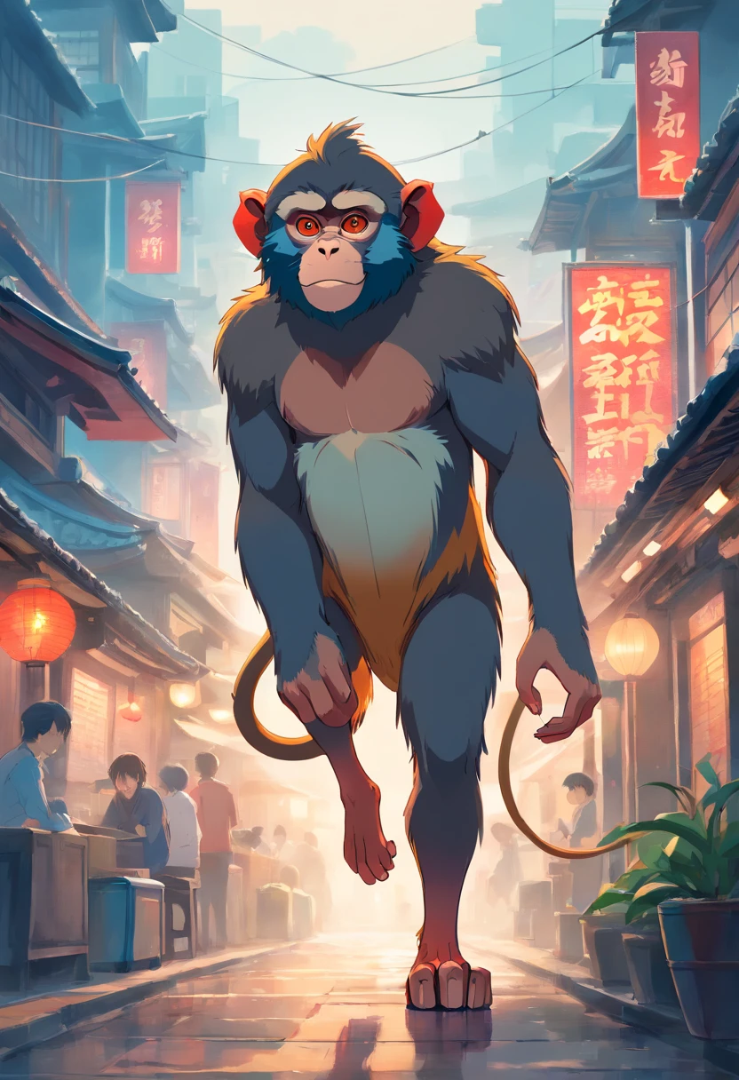 A wild monkey mandrill，Fierce face。fog atmosphere，white backgrounid，(Chinese folk suspense supernatural comic book style),High detail, Sharp focus, Dramatic，Midway and the art of painting by Greg Rutkovsky, Bokeh on the background