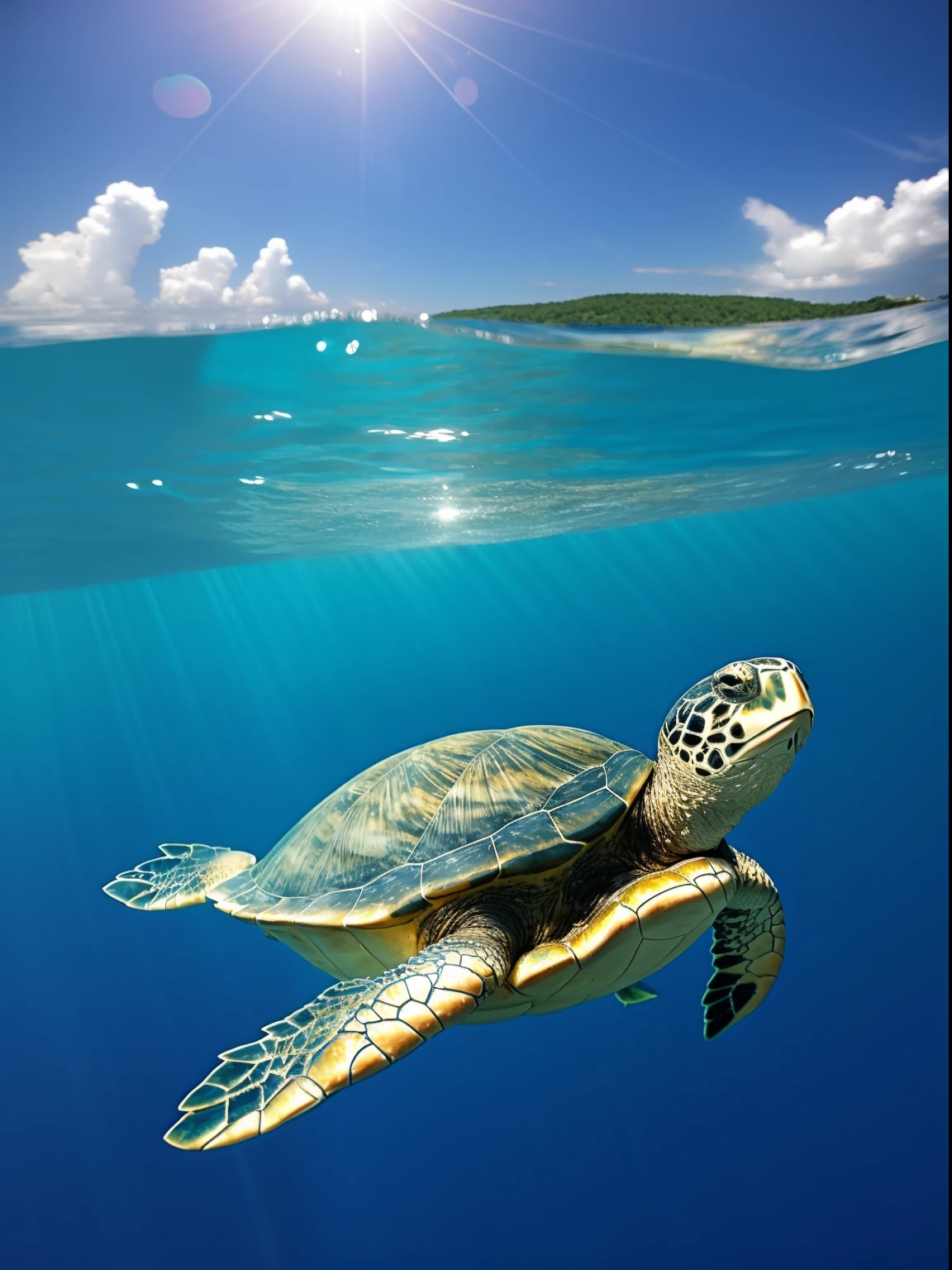 In crystal clear waters、blue sea、Wide ocean、Sea turtle swimming in the sea、tortoise、water bubbles、Sparkling sunshine、