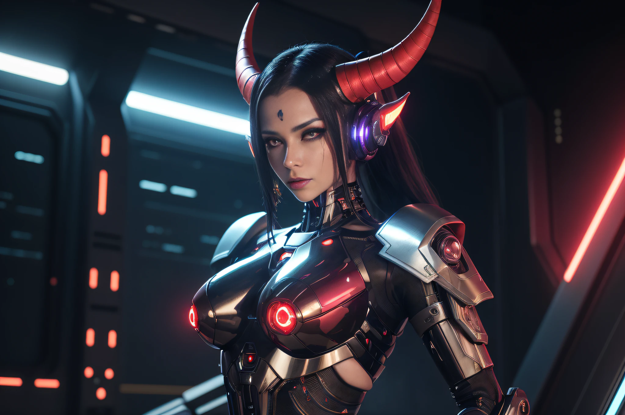 trending on artstation, masterpiece, a cyborg succubus posing in a spaceship wearing a futuristic spacesuit, deep red skin, robotic parts, cybernetic bodyparts, horns, demon, scifi, science fiction, digital art, detailed, tall body, Mature body, seductive body, detailed beautiful faces, detailed shiny eyes, Detailed skin, atmospheric lighting, dim light, thirds rule, cyberpunk