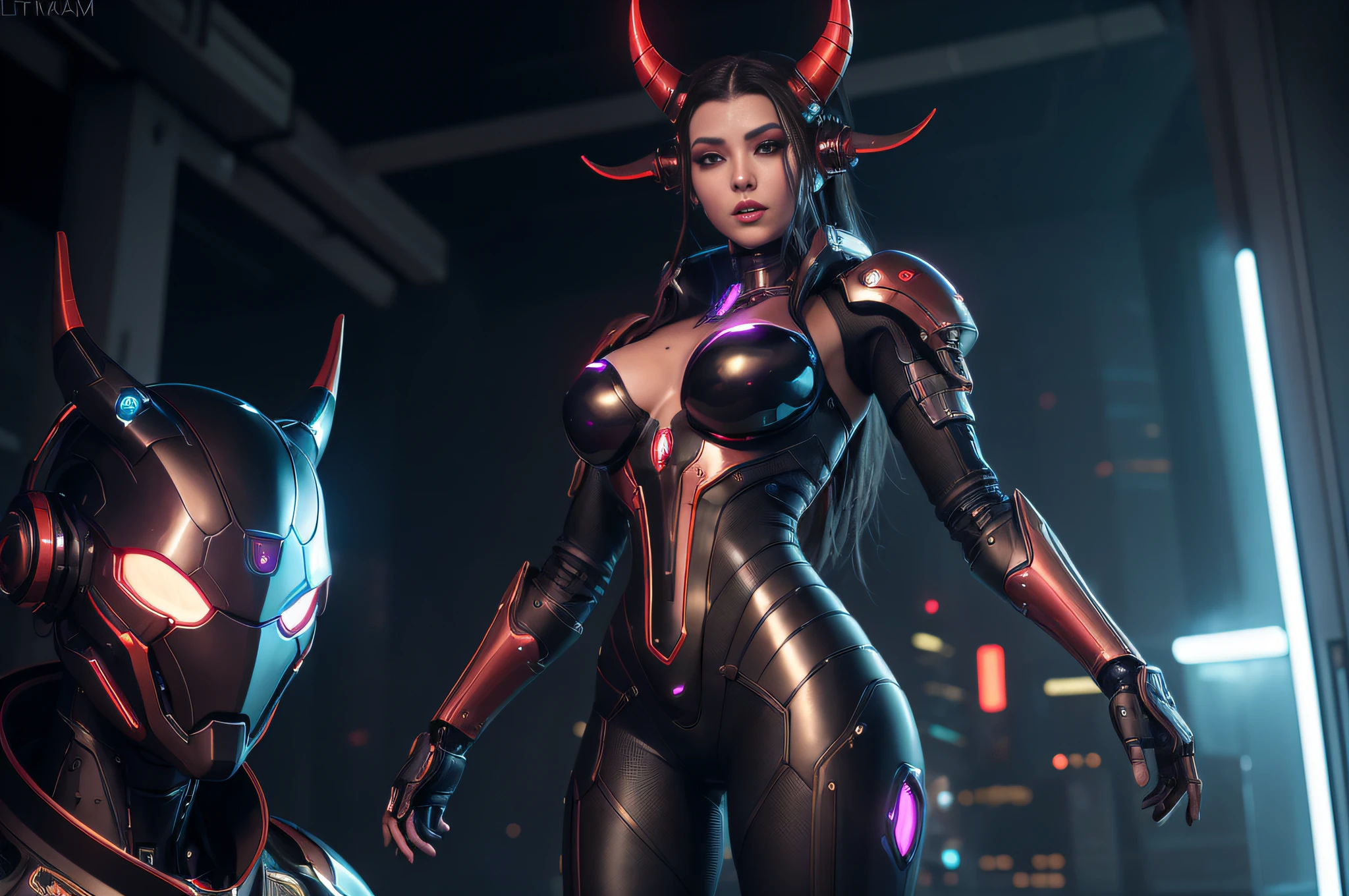 trending on artstation, masterpiece, a cyborg succubus posing in a spaceship wearing a futuristic spacesuit, deep red skin, robotic parts, cybernetic bodyparts, horns, demon, scifi, science fiction, digital art, detailed, tall body, Mature body, seductive body, detailed beautiful faces, detailed shiny eyes, Detailed skin, atmospheric lighting, dim light, thirds rule, cyberpunk