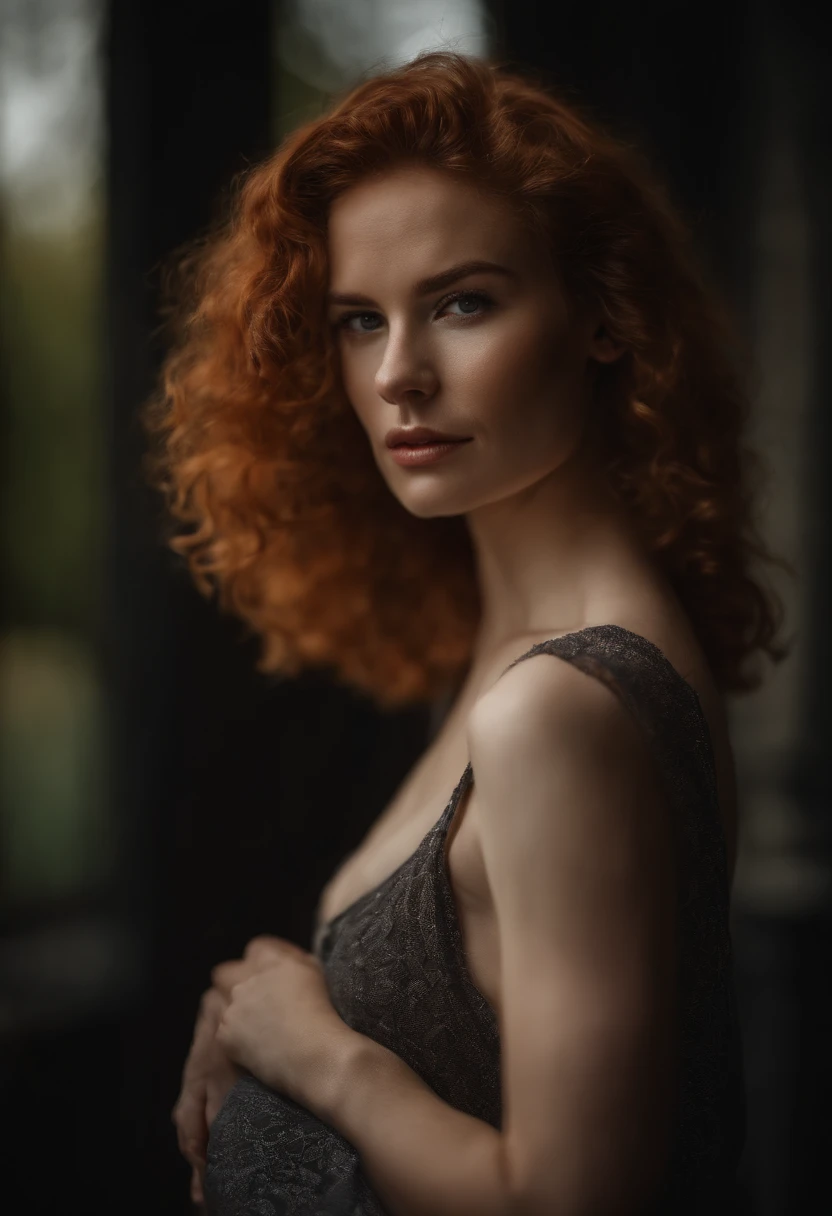 Hyper  movie real Dutch prostitute with long red hair, light blue eyes, freckles on her face, dressed in orange lingerie and sitting in a red light shop window in Amsterdam, best quality, highres, absudred