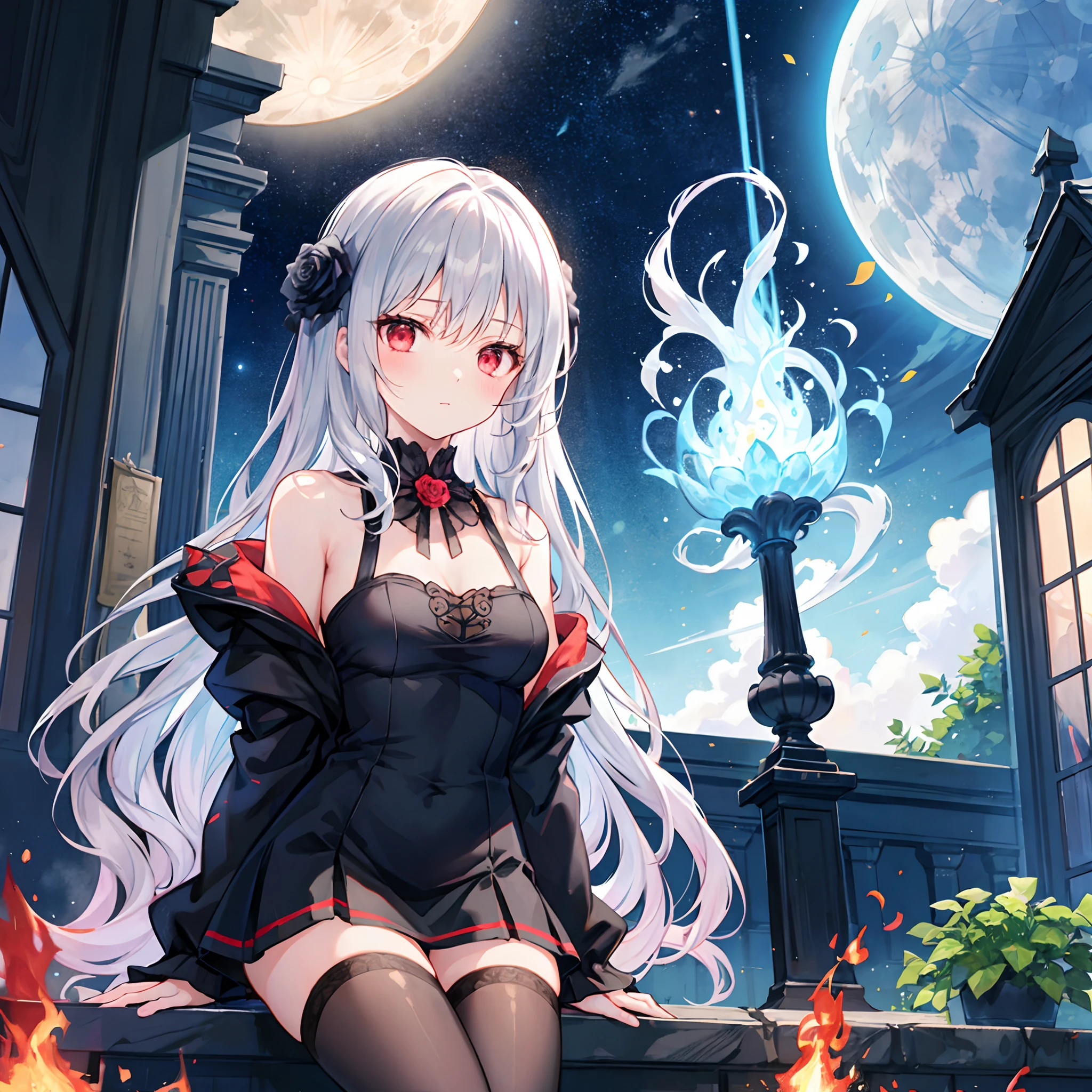 highest quality, perfect body, Delicate facial details, facial details, whole body, arm details,leg details,one human girl, alone, red eyes, droopy eyes, gray hair, straight hairstyle, pretty girl, unrevealing clothes,dressed in black,No expression,Dark night sky,midnight sky