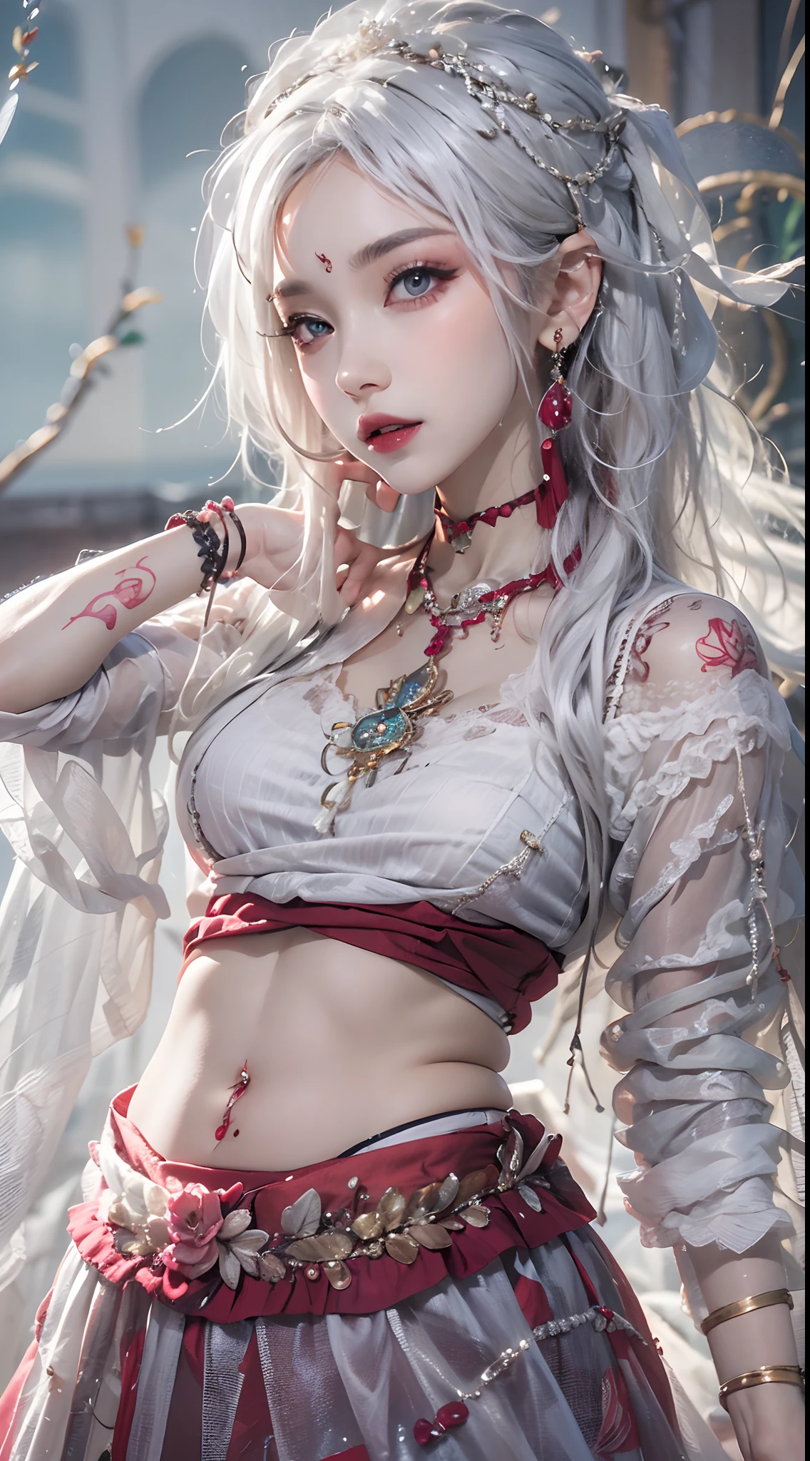 Photorealistic, high resolution, 1 woman, Hips up, Beautiful eyes, Long hair, ringed eyes, jewelry, tattoo, skirt, cnsdress, white hair