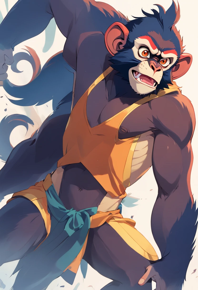 A wild monkey mandrill,Fierce face,,white backgrounid,solid color backdrop,(Chinese folk suspense supernatural comic book style),High detail, Sharp focus, Dramatic