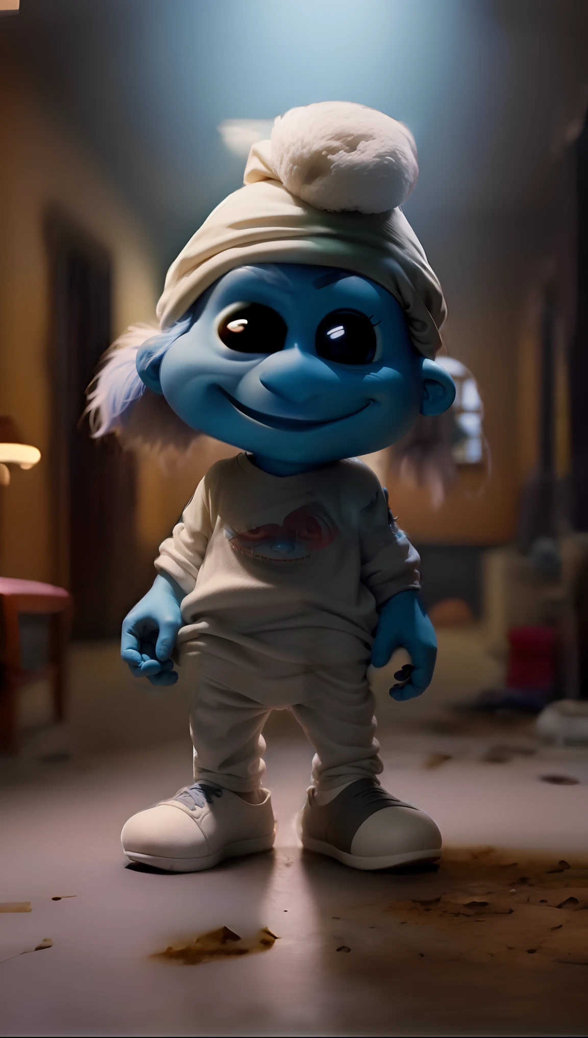 Realistic high definition Smooth Smurf looking at the viewer with a serious face, full body appearing wearing dirty clothes, no teeth showing, sclera and pills totally black, in a realistic house, cinematic 3D style, sharp facial features, 4k, 8k .