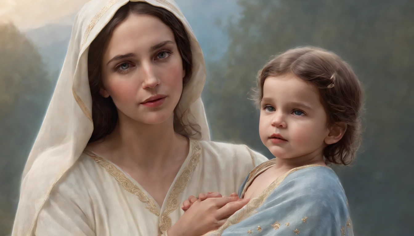 Drawing of a woman holding a child in her arms, virgin mary, Child with Jesus, Mom, Reina del Cielo, arte bonita, Pintura de Bonito, Beautiful Rendering, portrait of virgin mary, catholic religious art, Doncella Rosen, Sagrado y hermoso, con fondo azul, Boregov, Obra-prima de Guweiz, Arte sacro, Arte cristiano, pintura religiosa