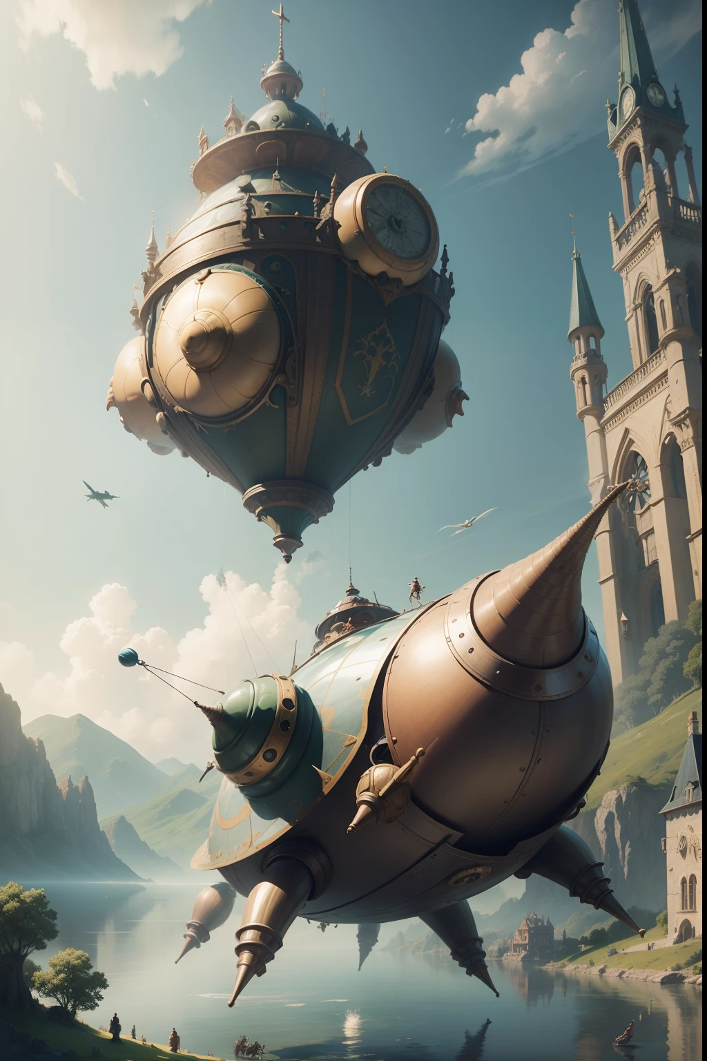Fantasy world of Jheronimus Bosch with flying friendly huge mechanical snails. Flying over the lake. All the characters are wonderful and funny Cartoon Disney Pixar. Super realistic. Cinematic. Motion blurred background. Light haze