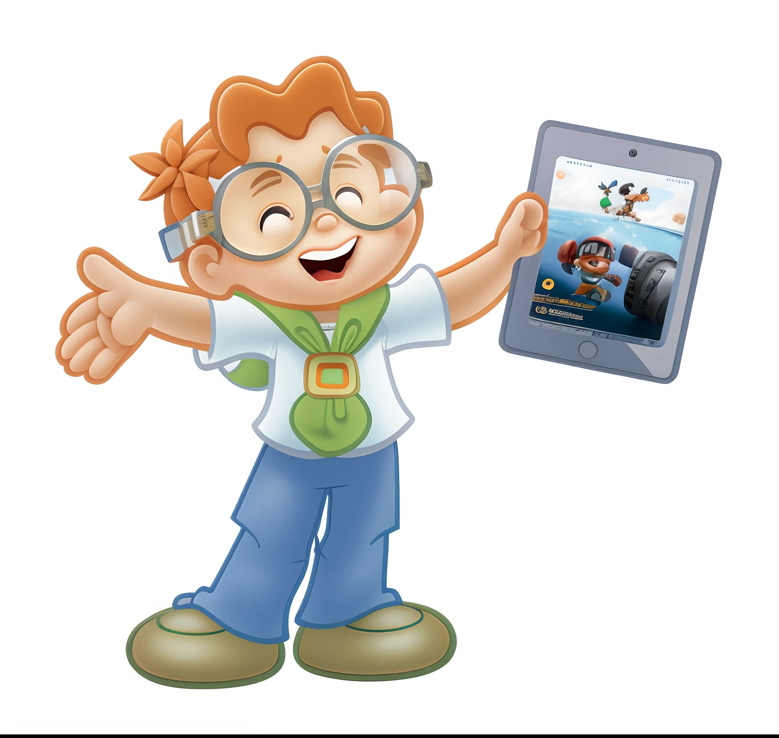 menino , cabelo ruivo liso, olhos pequenos, wearing goggles, pele clara, estilo disney, Pixar, corpo inteiro, fofo, sorridente, Motor irreal, circunstanciado, Ultra high definition, 8k, - -q 1 - -v 4 --auto