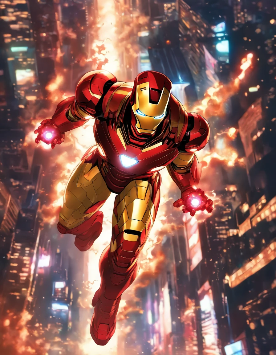 Iron Man, in his iconic red and gold suit, soaring high above a futuristic cityscape at night. His thrusters emit a brilliant glow as he zips through the sky, surrounded by the neon-lit skyscrapers. The scene exudes a sense of power, technology, and heroism that encapsulates Iron Man's character.