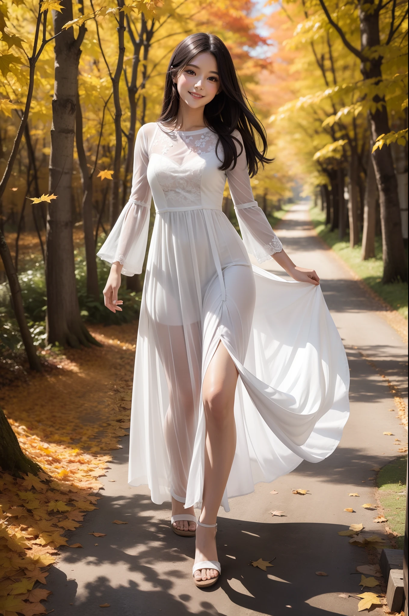 Exquisite beautiful girl in the forest of autumn leaves　A dark-haired　long　Black eyes　Pure white long dress　Dresses fluttering in the wind　a smile　Walking along the path of autumn leaves　Maple fluttering in the wind　Sunlight　Face Highlights