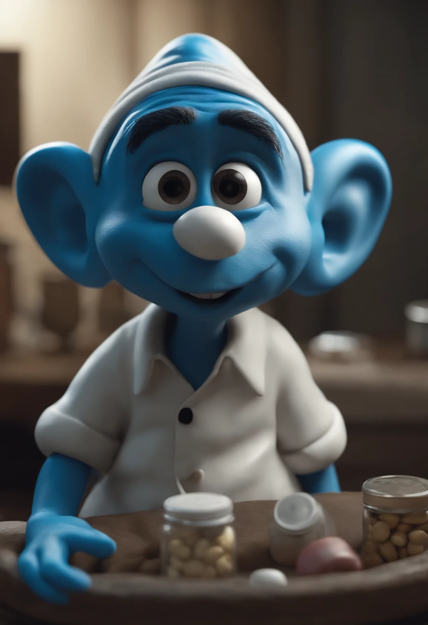 Realistic high definition Smooth Smurf looking at the viewer with a serious face, full body appearing wearing dirty clothes, no teeth showing, sclera and pills totally black, in a realistic house, cinematic 3D style, sharp facial features, 4k, 8k .