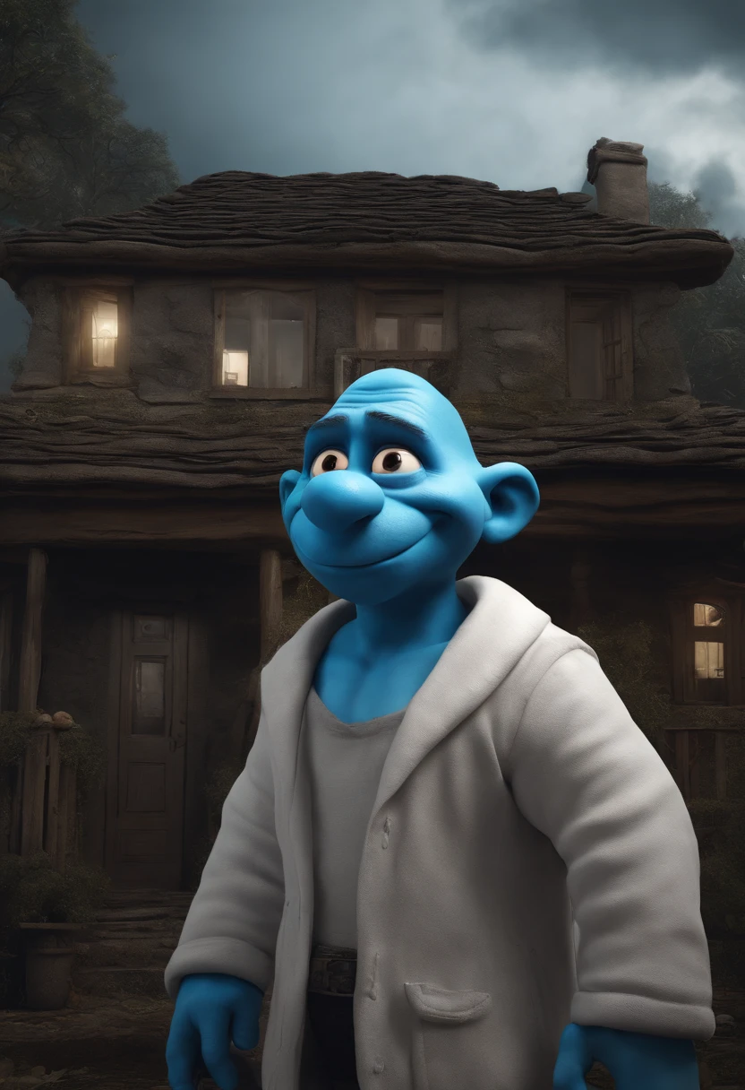 Realistic high definition Smooth Smurf looking at the viewer with a serious face, full body appearing wearing dirty clothes, no teeth showing, sclera and pills totally black, in a realistic house, cinematic 3D style, sharp facial features, 4k, 8k .