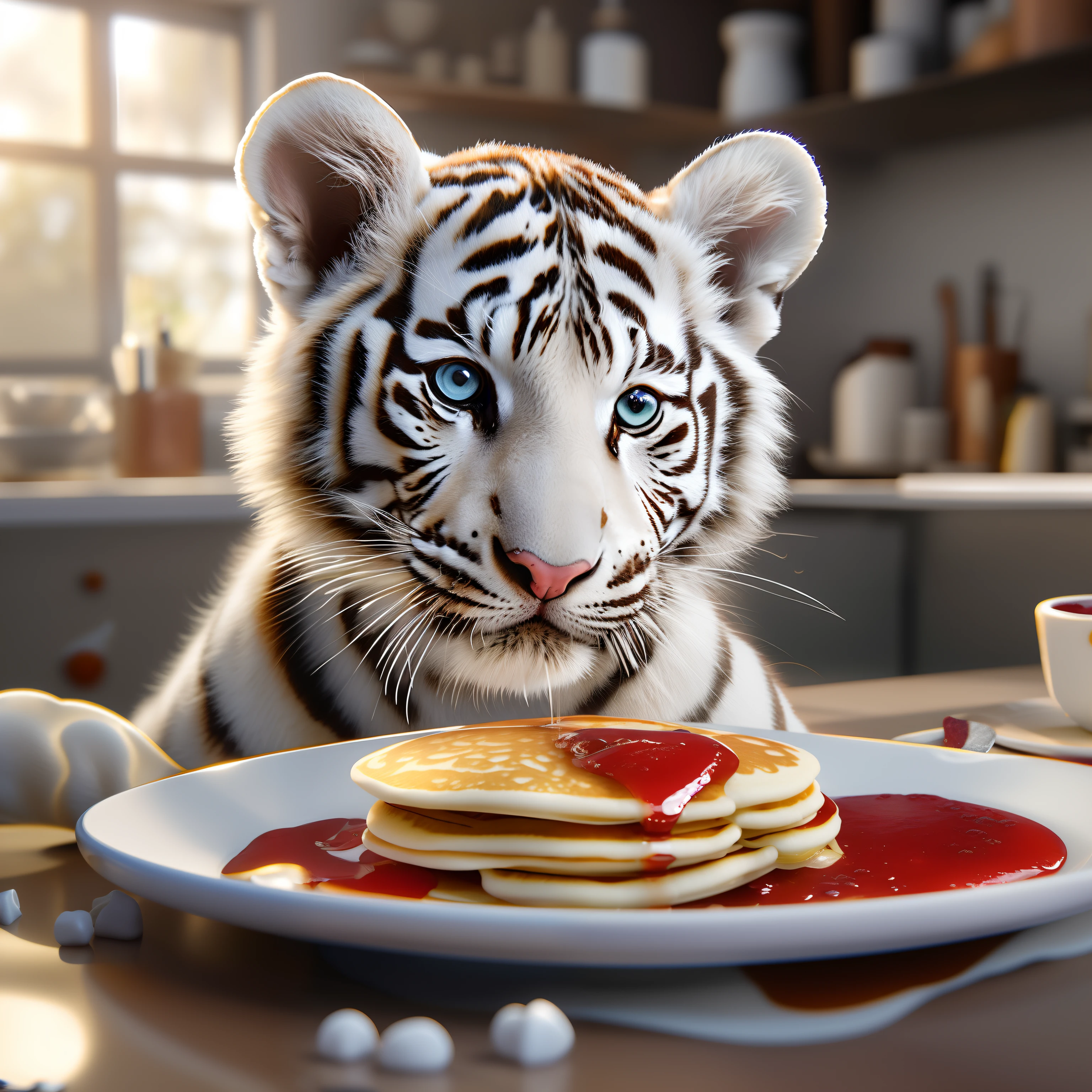 A white tiger sits at a table with pancakes on it, Cloudberries on the table, ultra realistic 3d illustration, ultrarealistic illustration, highly realistic photo, 3 d epic illustrations, hyperrealistic illustration, highly realistic concept art, ultrarealistic illustration, adorable digital painting, гиперреалистичный 3D-рендеринг, super realistic food picture, Highly realistic digital art, hyperrealistic illustration, photorealistic illustration