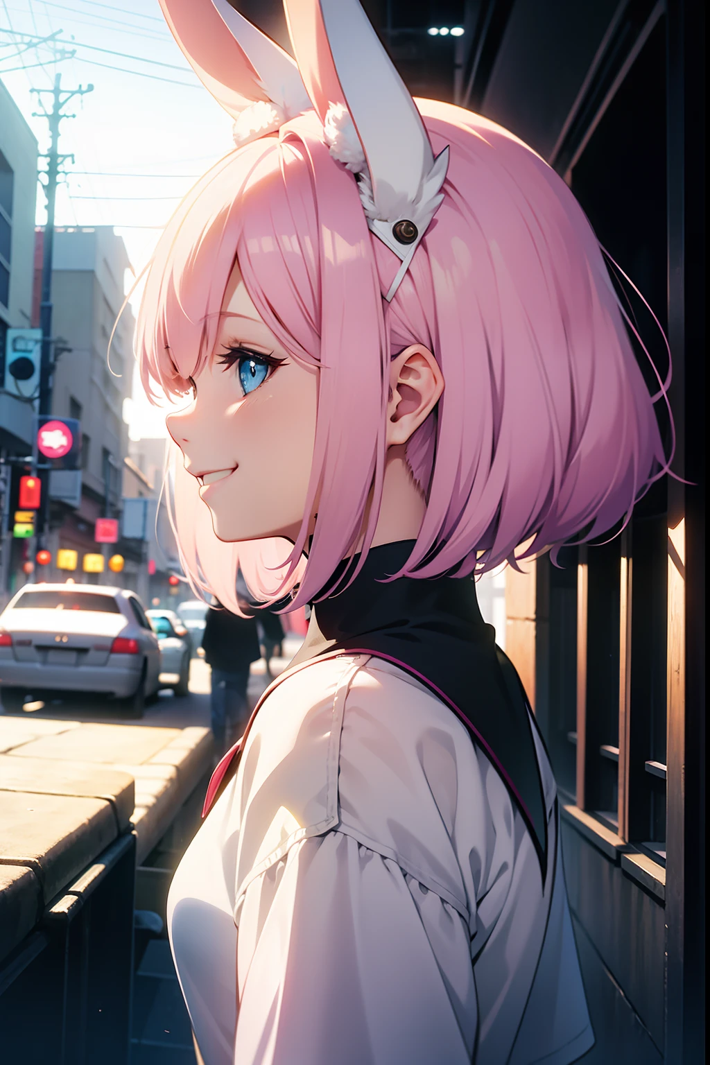Girls around 20 years old、Pink bob hair、blue eyess、Rabbit ears、profile、a smile、silhuette