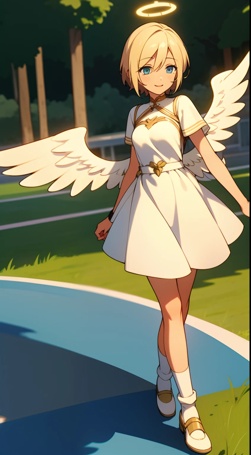 blue eyes, short blonde hair, outdoors, shining sun, happy girl, cute dress dress, solo girl, 1girl, short blonde hair, small boobs, slim waist, long socks, white socks, cute shoes, clouds, angel girl, big angel wings, a halo over her head, shining halo, dynamic pose, huge wings