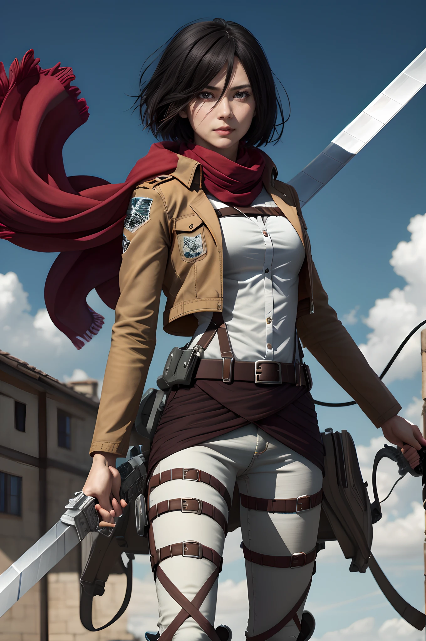 Mikasa, Masterpiece, Best quality, A high resolution, Short hair, Black eyes, Scarf, emblem, belt, thigh band, Red scarf, White pants, Brown jacket, Long sleeves, holding weapon, sword, dual wielding, Three-dimensional motorized gears, Arms spread wide, standing on one leg, Wide shot, sky, Highest quality, high resolution.