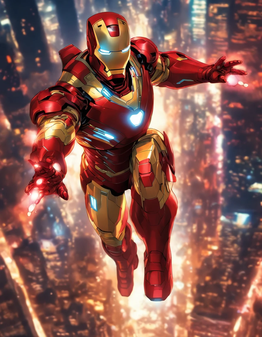 Iron Man, in his iconic red and gold suit, soaring high above a futuristic cityscape at night. His thrusters emit a brilliant glow as he zips through the sky, surrounded by the neon-lit skyscrapers. The scene exudes a sense of power, technology, and heroism that encapsulates Iron Man's character.