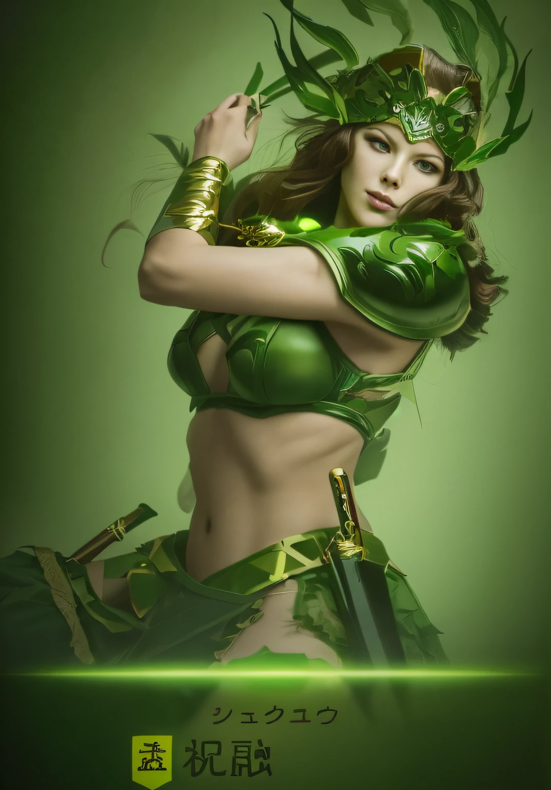 Close up portrait of angry woman in green costume, a beautiful woman warrior