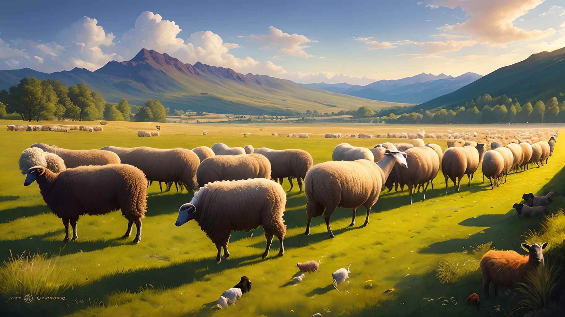 Shepherd with a flock of sheep, green land, outstanding landscape, peaceful place, realistic, artgem, wlop