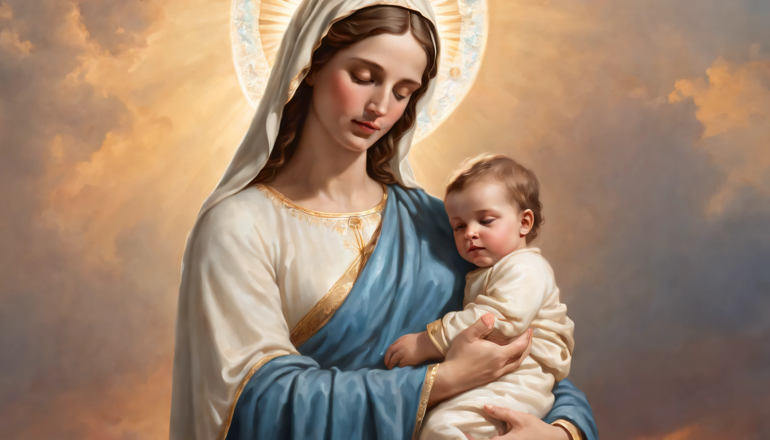 Drawing of a woman holding a  in her arms, virgin mary, Child with Jesus, Mom, Reina del Cielo, arte bonita, Pintura de Bonito, Beautiful Rendering, portrait of virgin mary, catholic religious art, Doncella Rosen, Sagrado y hermoso, con fondo azul, Boregov, Obra-prima de Guweiz, Arte sacro, Arte cristiano, pintura religiosa