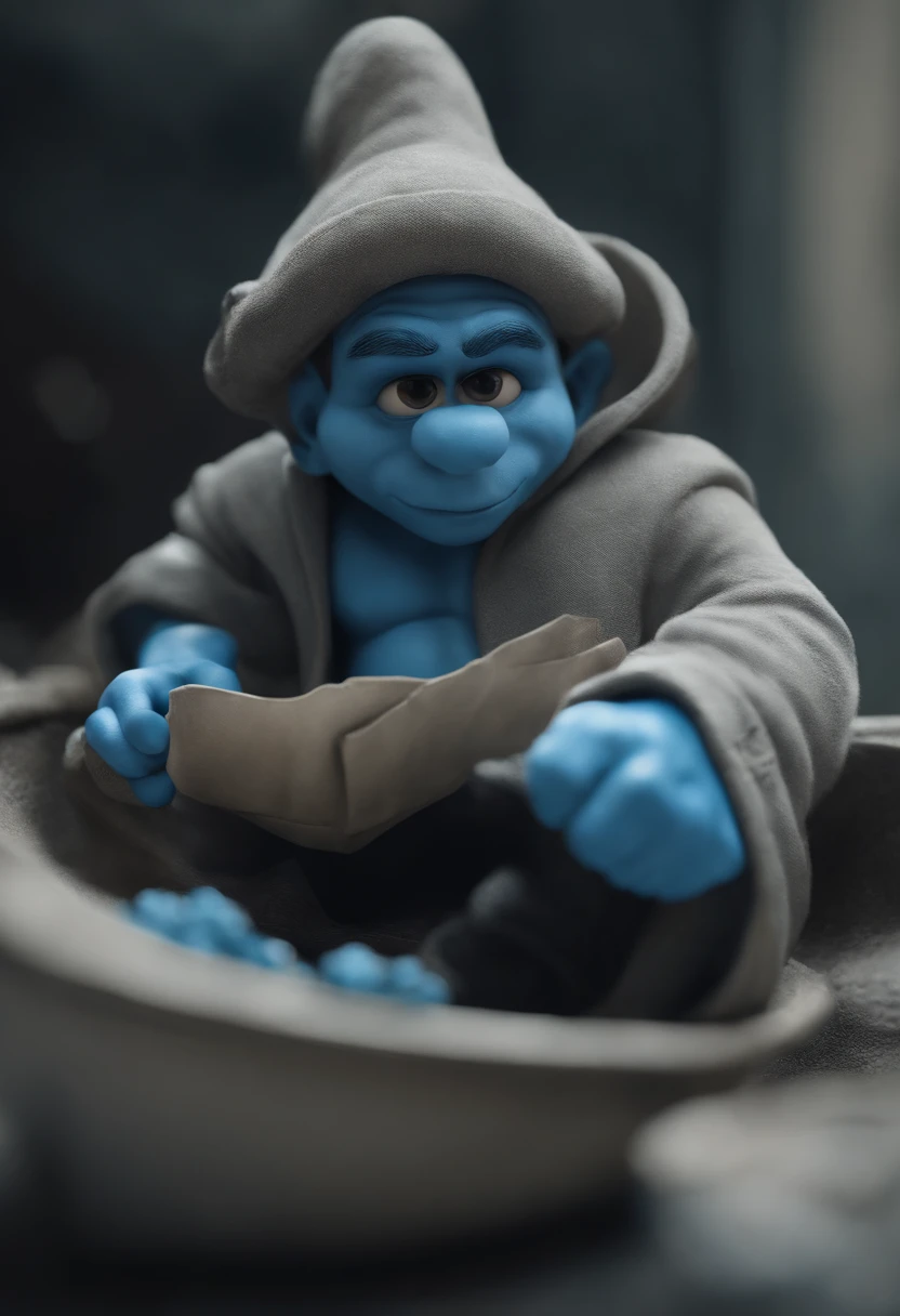 Realistic high definition Smooth Smurf looking at the viewer with a serious face, corpo inteiro aparecendo vestindo roupas sujas, sem dentes aparecendo, all-black sclera and pills, cinematic 3D style, sharp facial features, 4k, 8k.