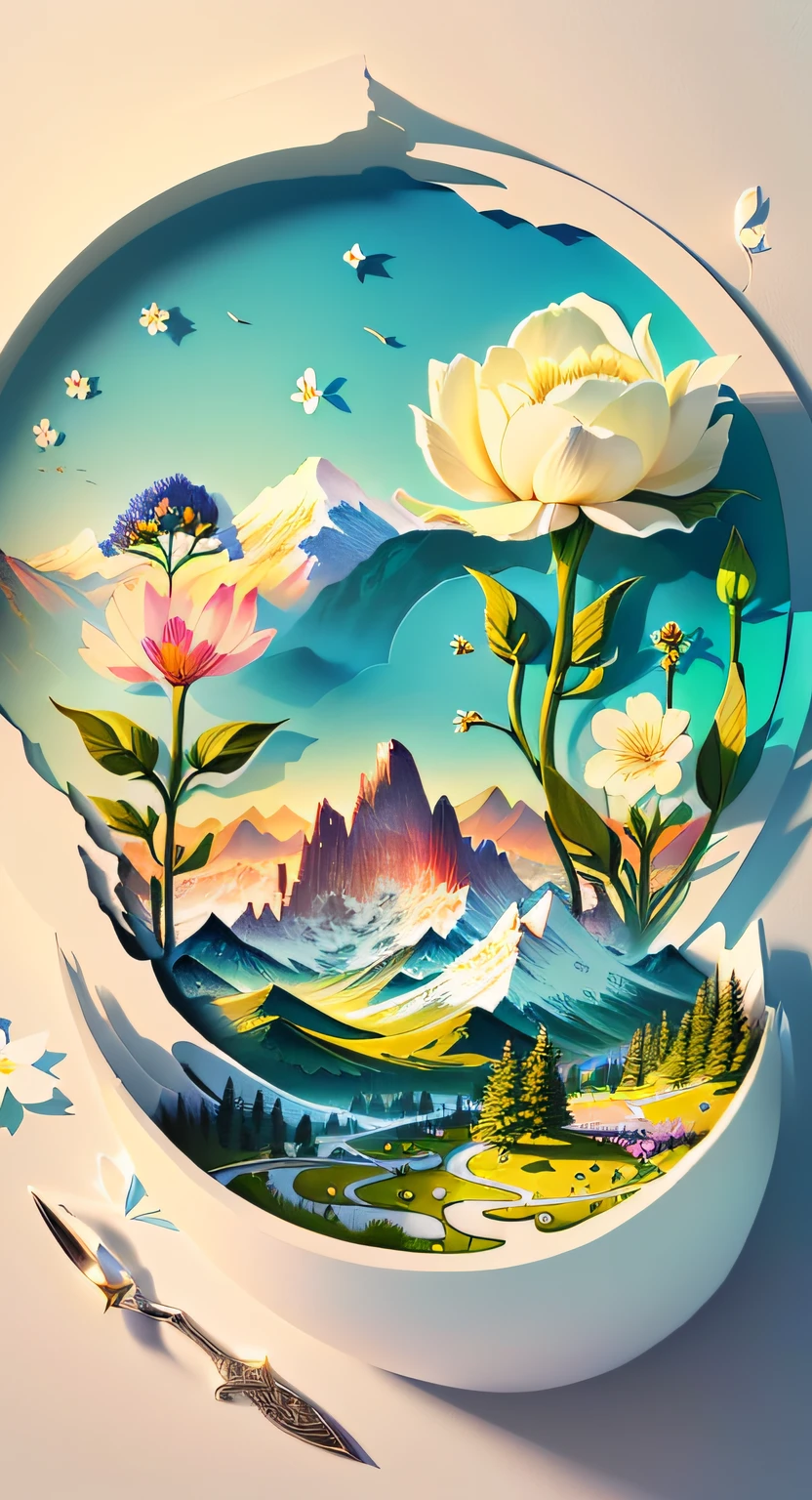 There are cutouts of landscapes with flowers and mountains, mythical floral hills, a beautiful artwork illustration, scenery art detailed, beautiful art uhd 4 k, Intricate 3D illustrations, 4K highly detailed digital art, beautiful digital works of art, Very beautiful digital art, Beautiful digital art, 4k detailed digital art, Detailed digital 3D art, beautiful digital illustrations