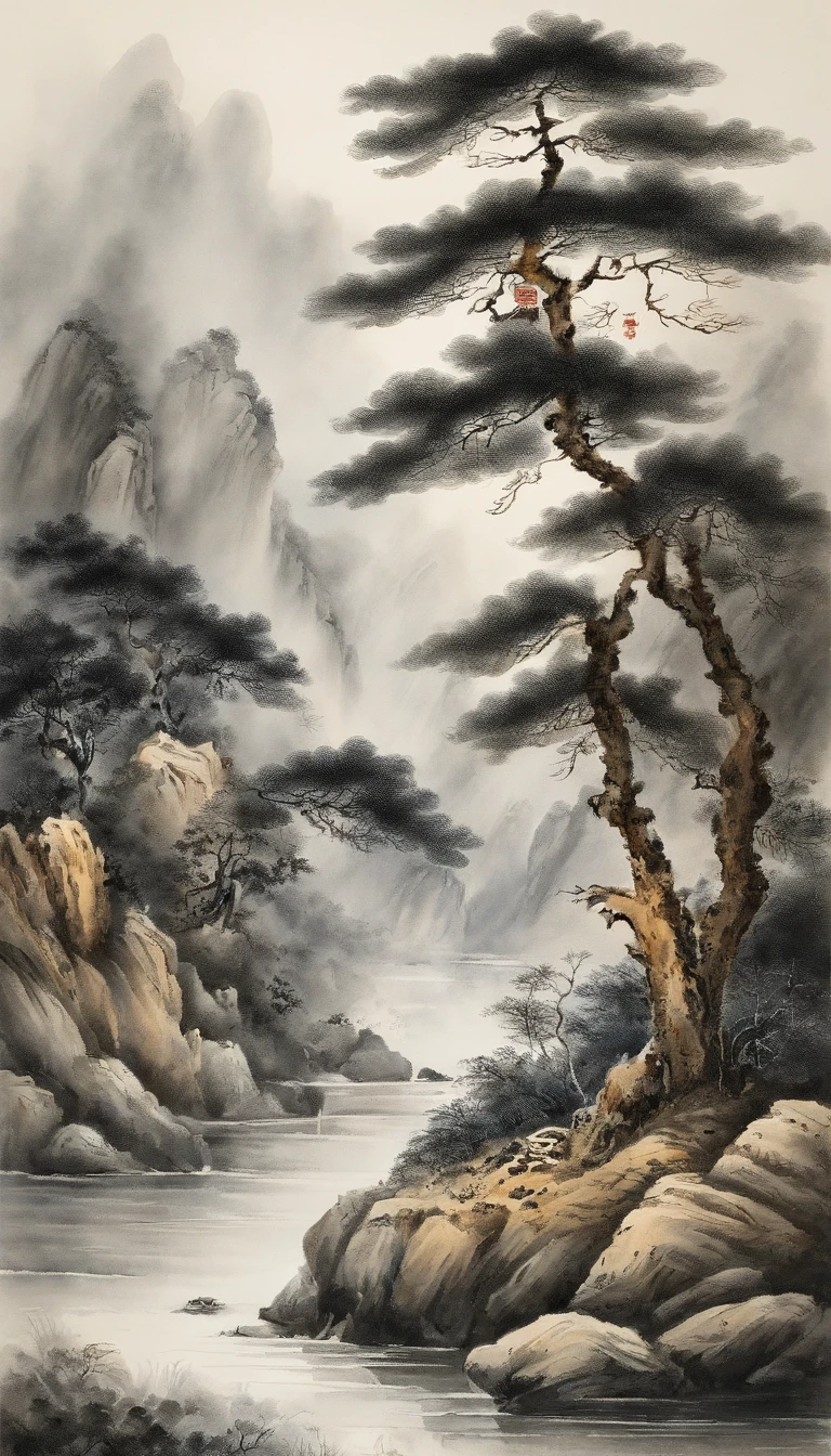 Chinese landscape painting，ink and watercolor painting，water ink，inky，Smudge，Faraway view，Ultra-wide viewing angle，meticulous，water ink，Smudge，meticulous，Smudge，low-saturation，Low contrast，Light boats crossed ten thousand heavy mountains，Beautifully depicted，A detailed，acurate，Works of masters，tmasterpiece